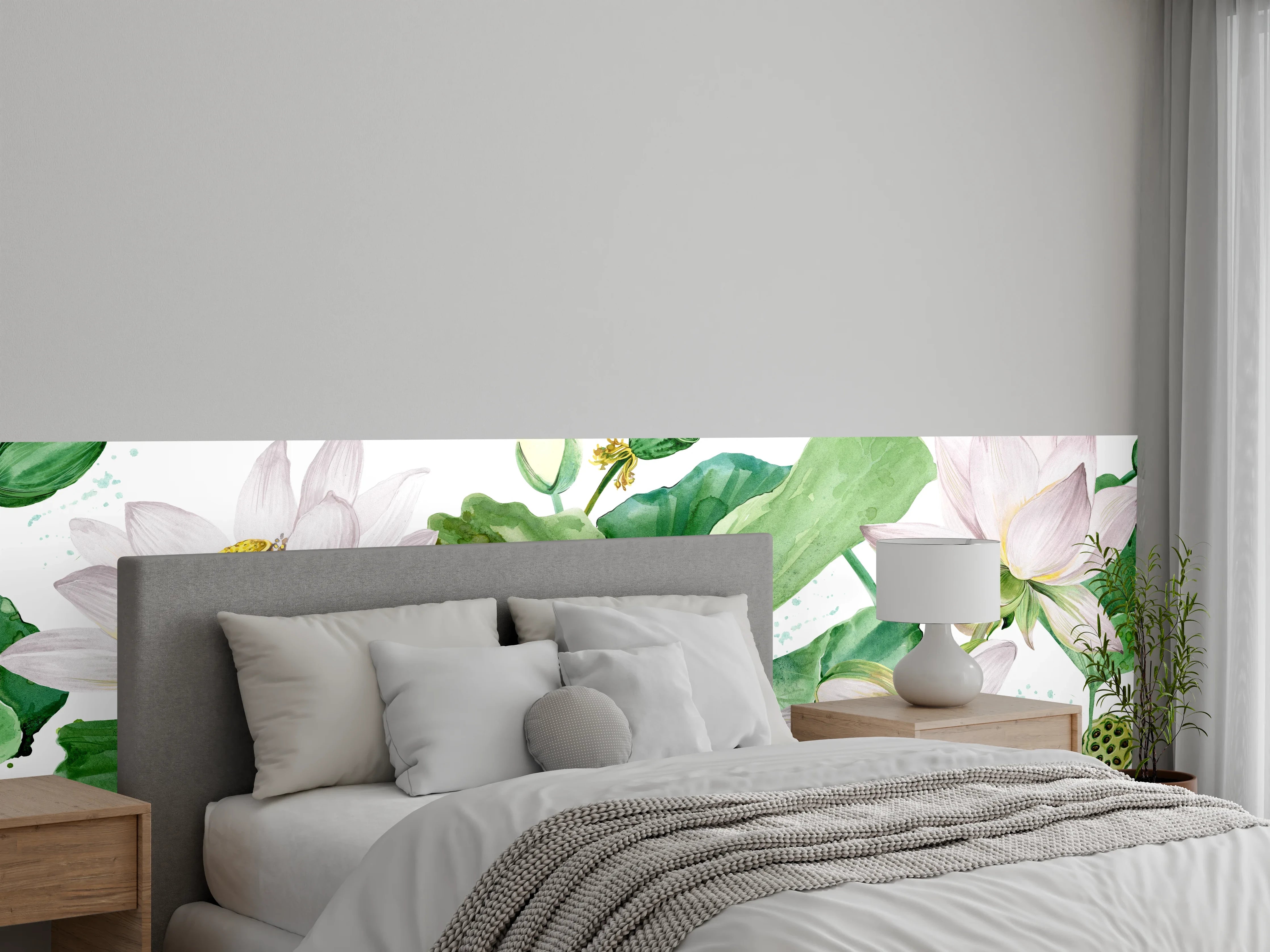 Wandverkleidung Schlafzimmer - Weiße Lotusblumen - nahtlose Muster