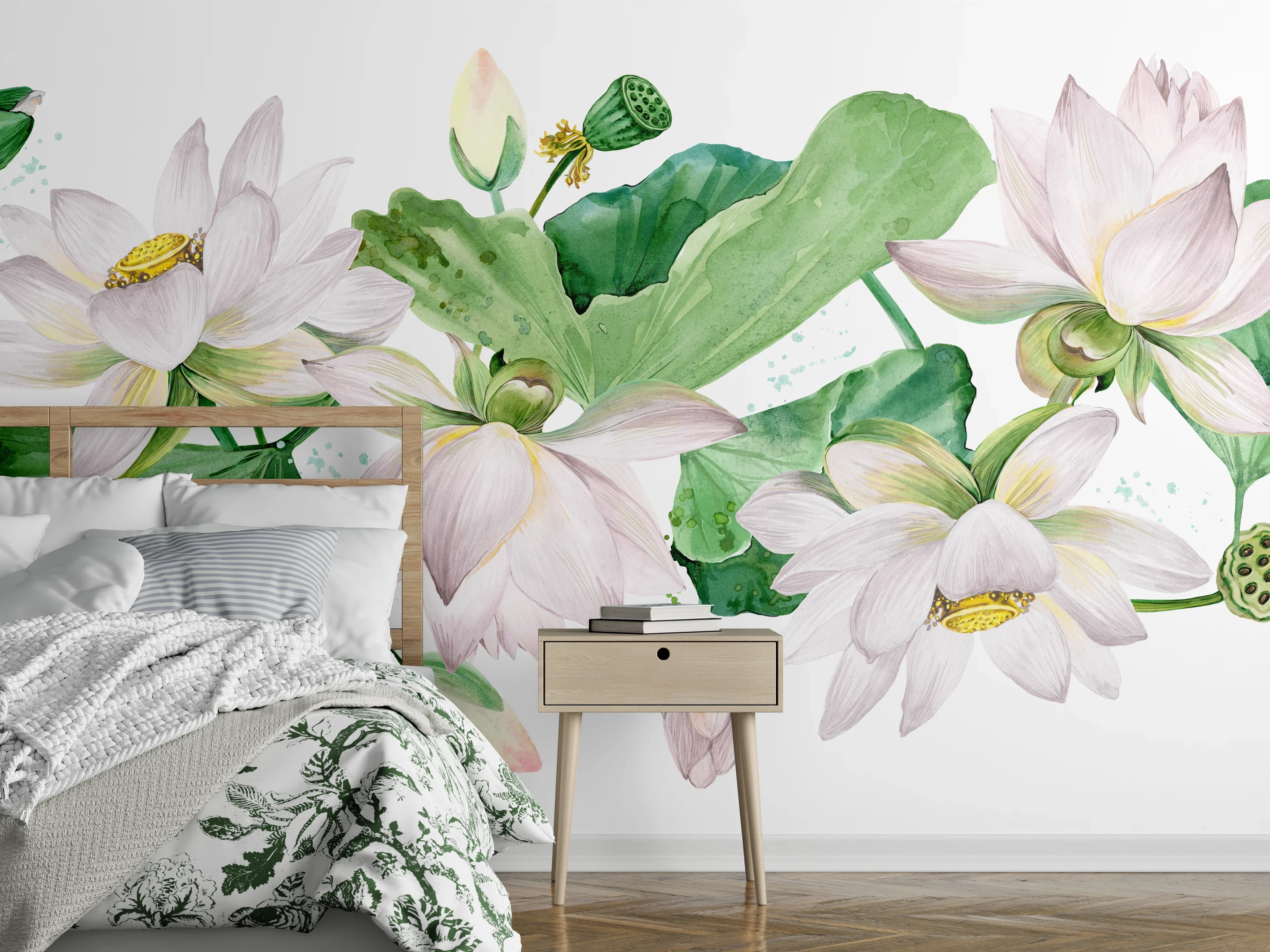 Wandverkleidung Schlafzimmer - Weiße Lotusblumen - nahtlose Muster
