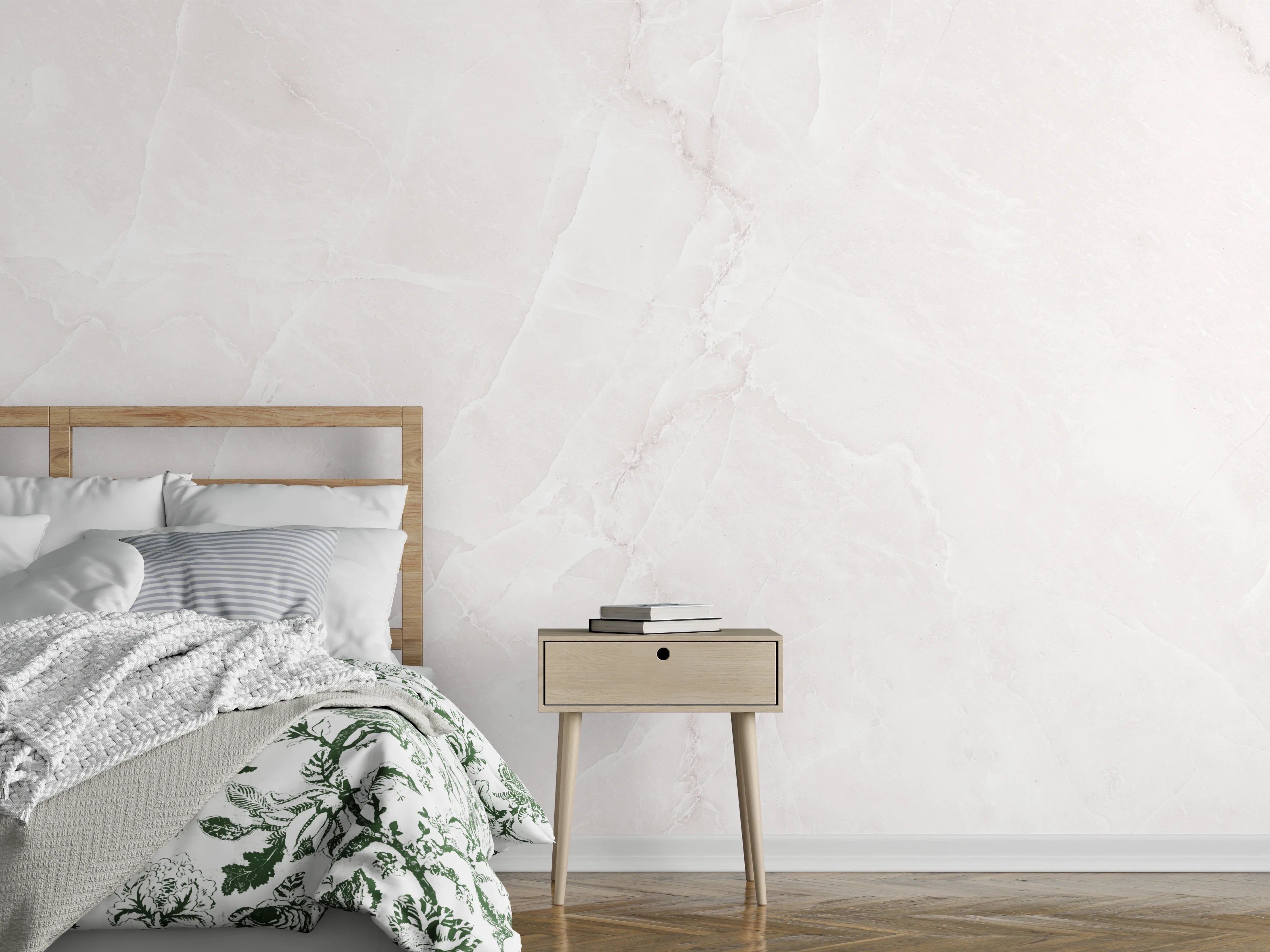 Wandverkleidung Schlafzimmer - Weiße Marmor-Textur mit sanften Grautönen