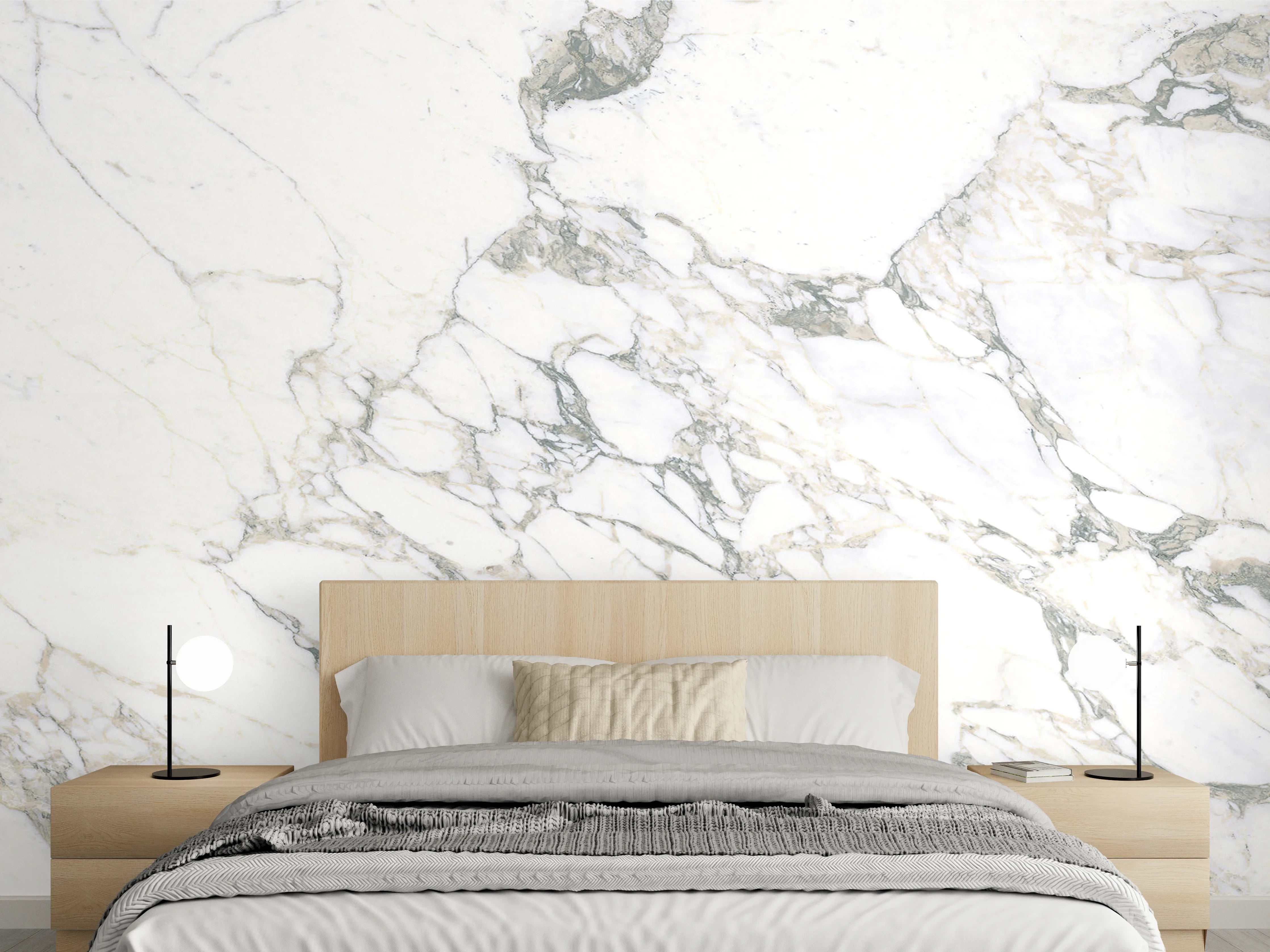 Wandverkleidung Schlafzimmer - Weiße Marmortextur mit grauen Adern