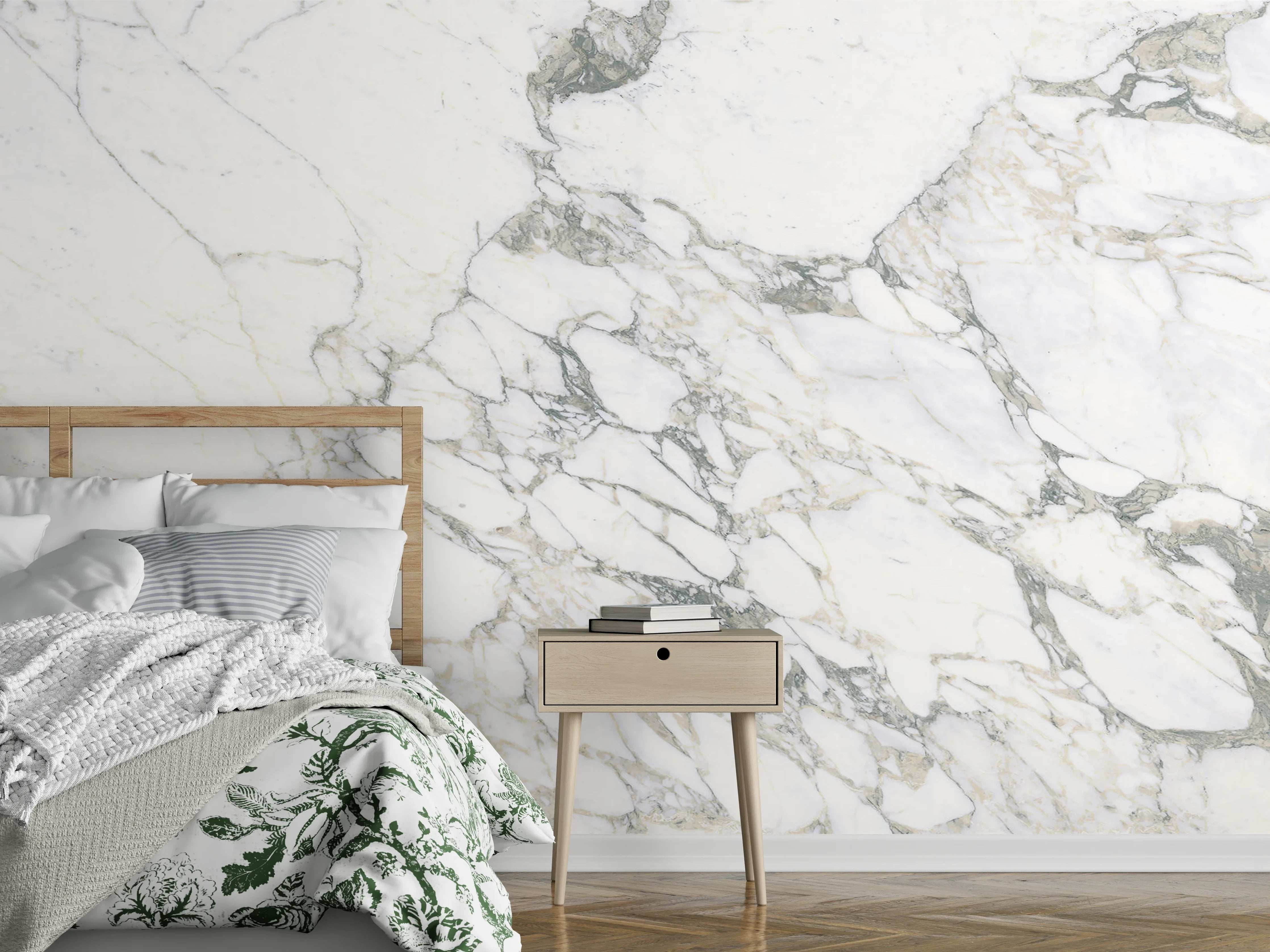 Wandverkleidung Schlafzimmer - Weiße Marmortextur mit grauen Adern