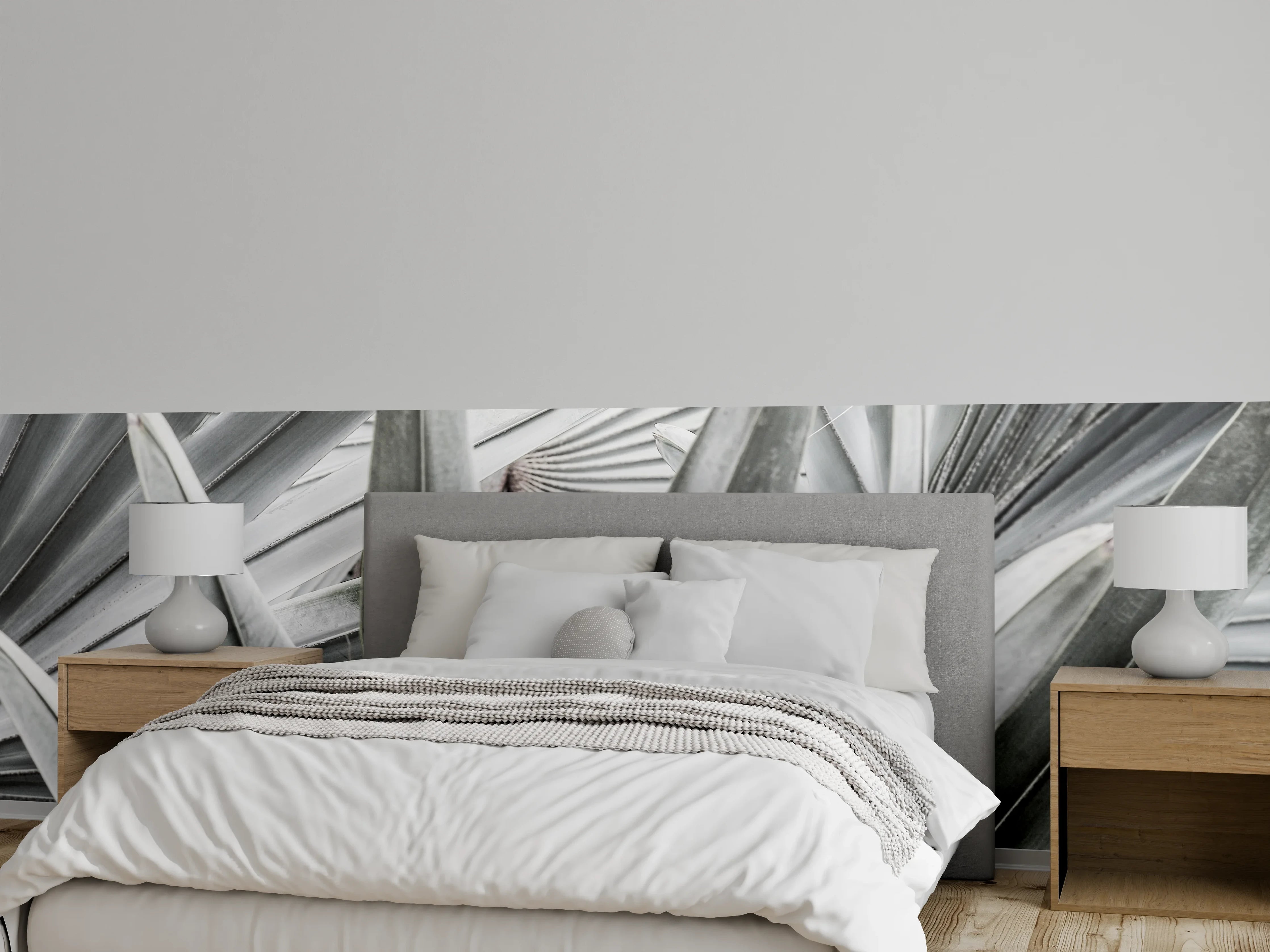 Wandverkleidung Schlafzimmer - Weiße Palmenblätter Fototapete modern