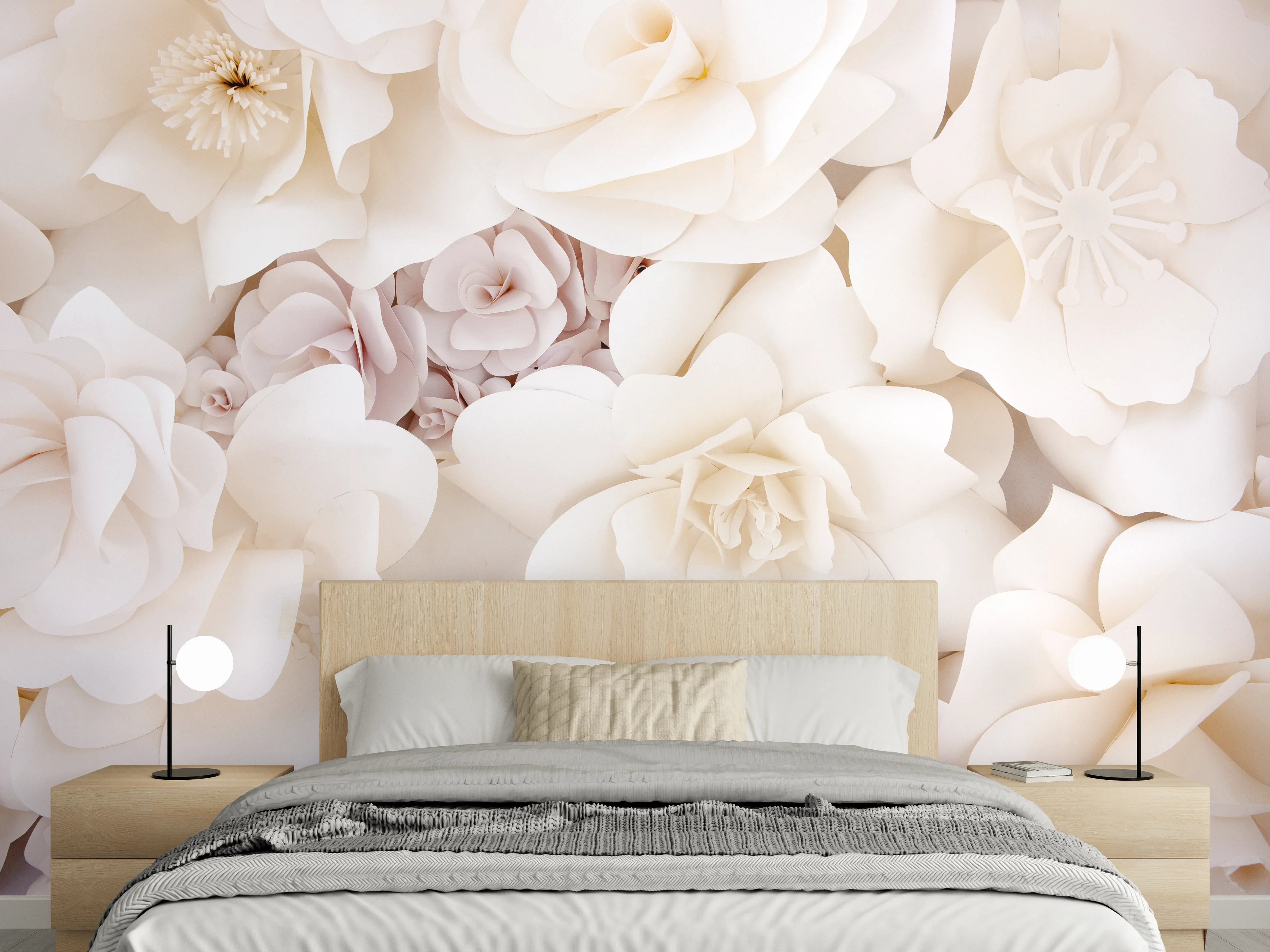Wandverkleidung Schlafzimmer - Weiße Papierblumen 3D Wanddeko