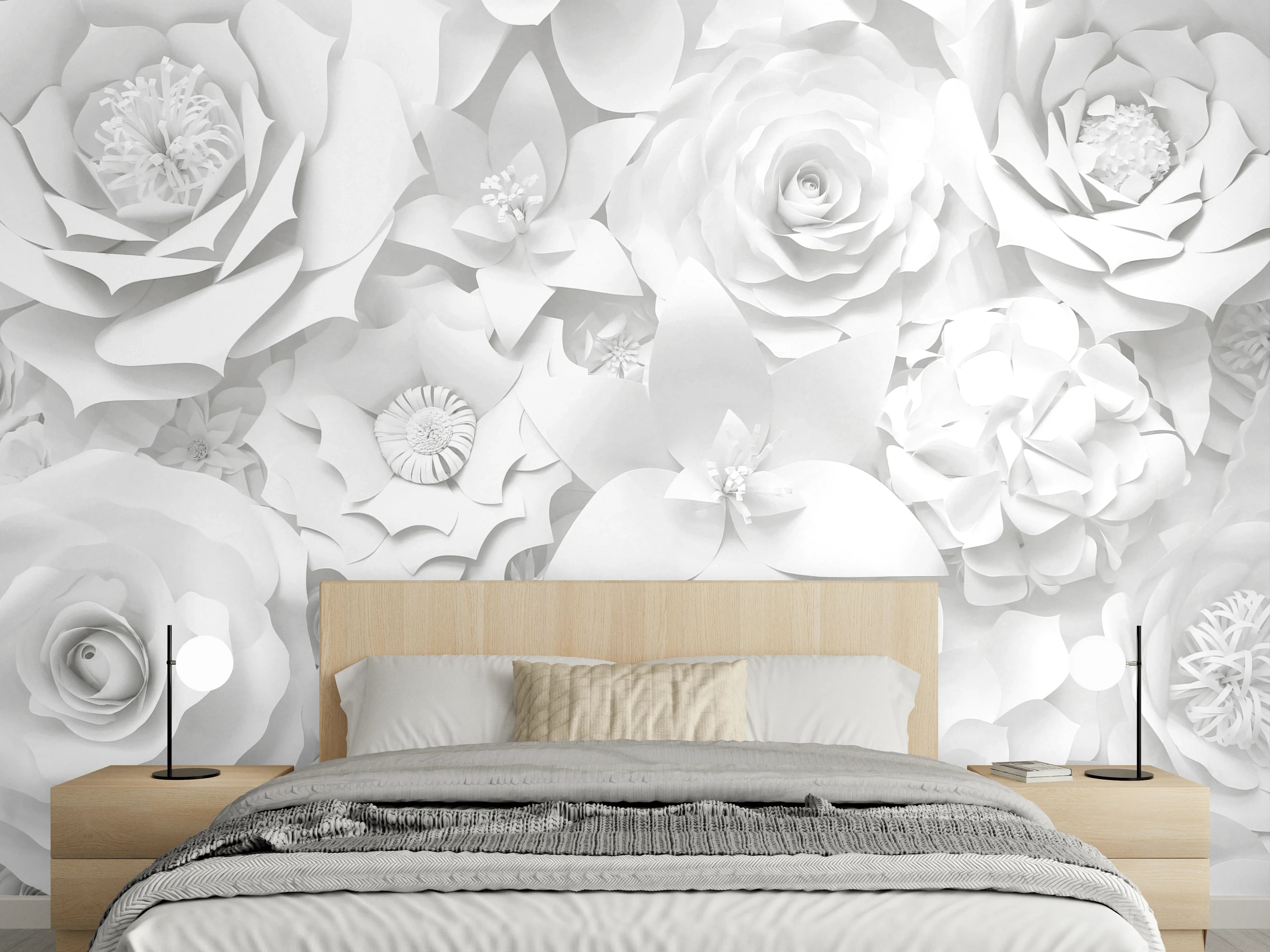 Wandverkleidung Schlafzimmer - Weiße Papierblumen in 3D-Optik