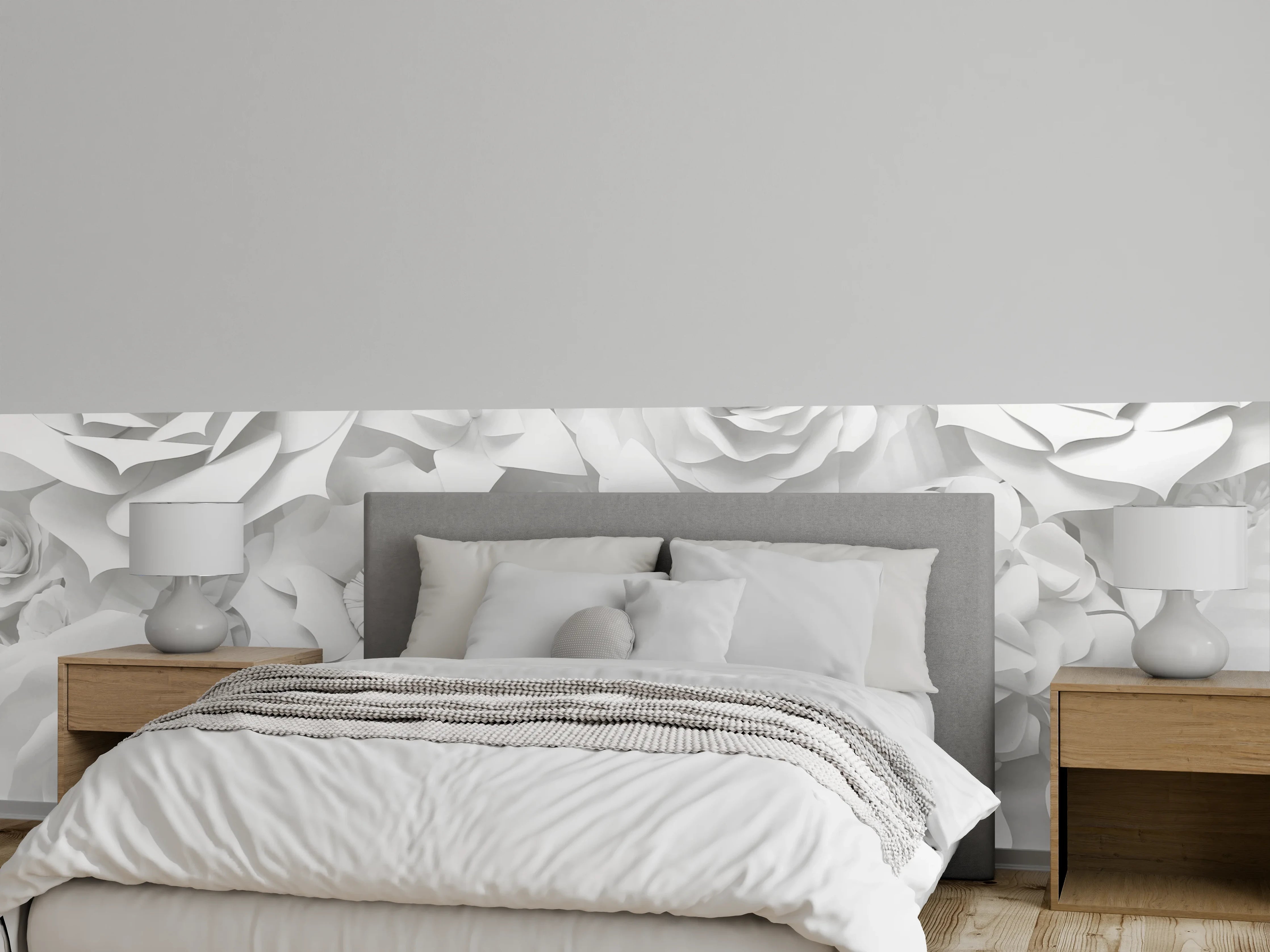 Wandverkleidung Schlafzimmer - Weiße Papierblumen in 3D-Optik
