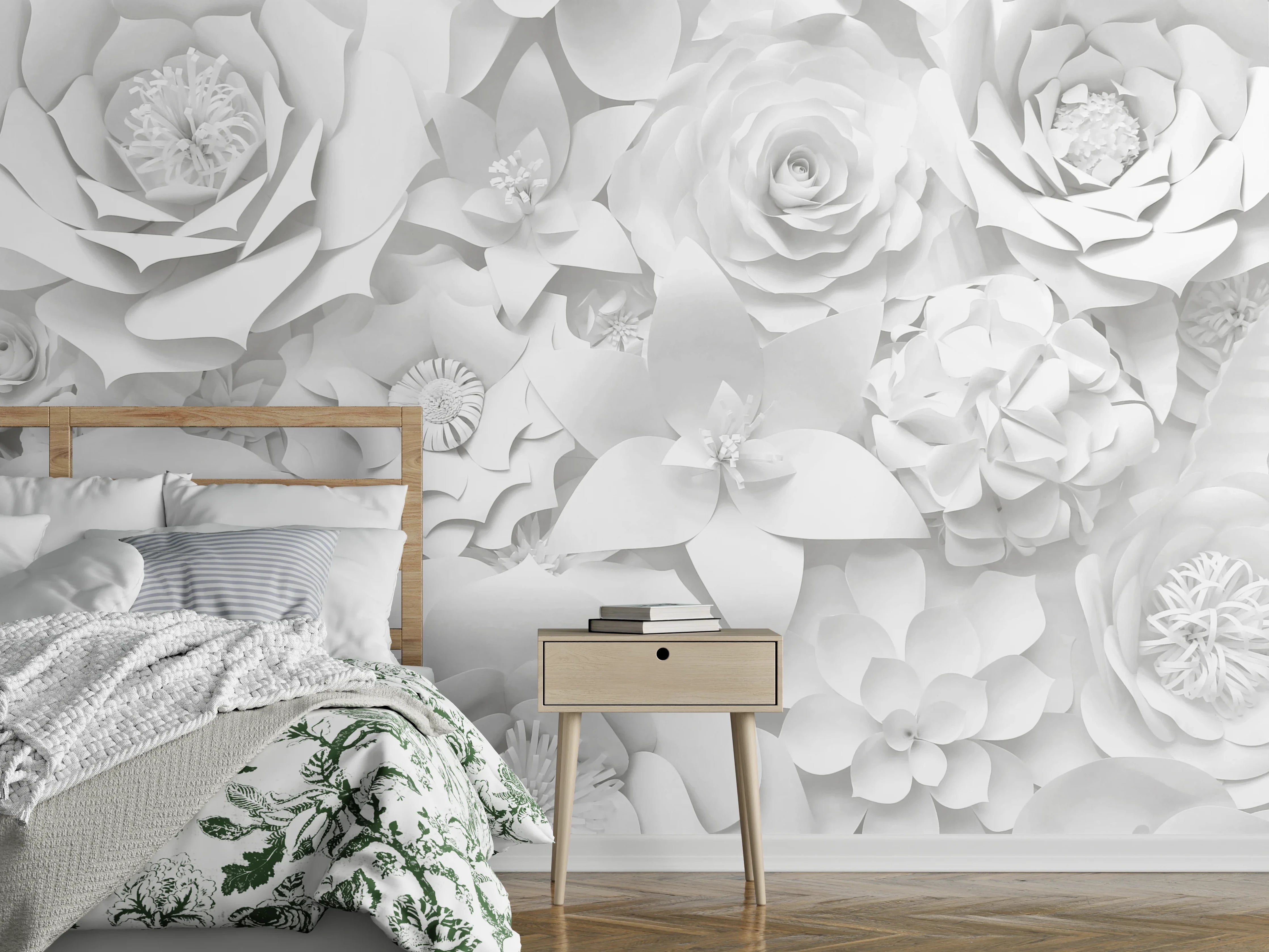 Wandverkleidung Schlafzimmer - Weiße Papierblumen in 3D-Optik