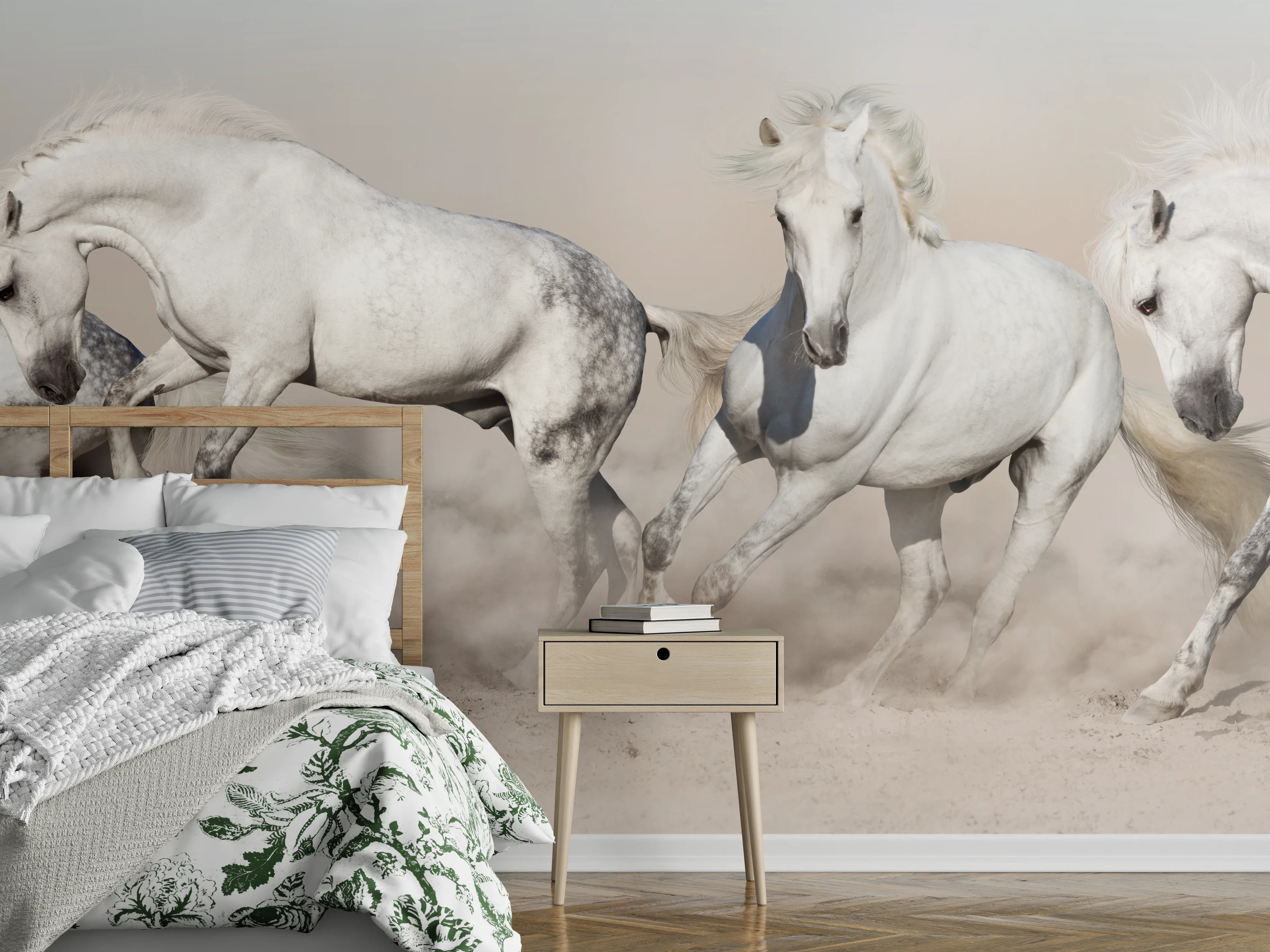 Wandverkleidung Schlafzimmer - Weiße Pferdeherde Wüstenstaub