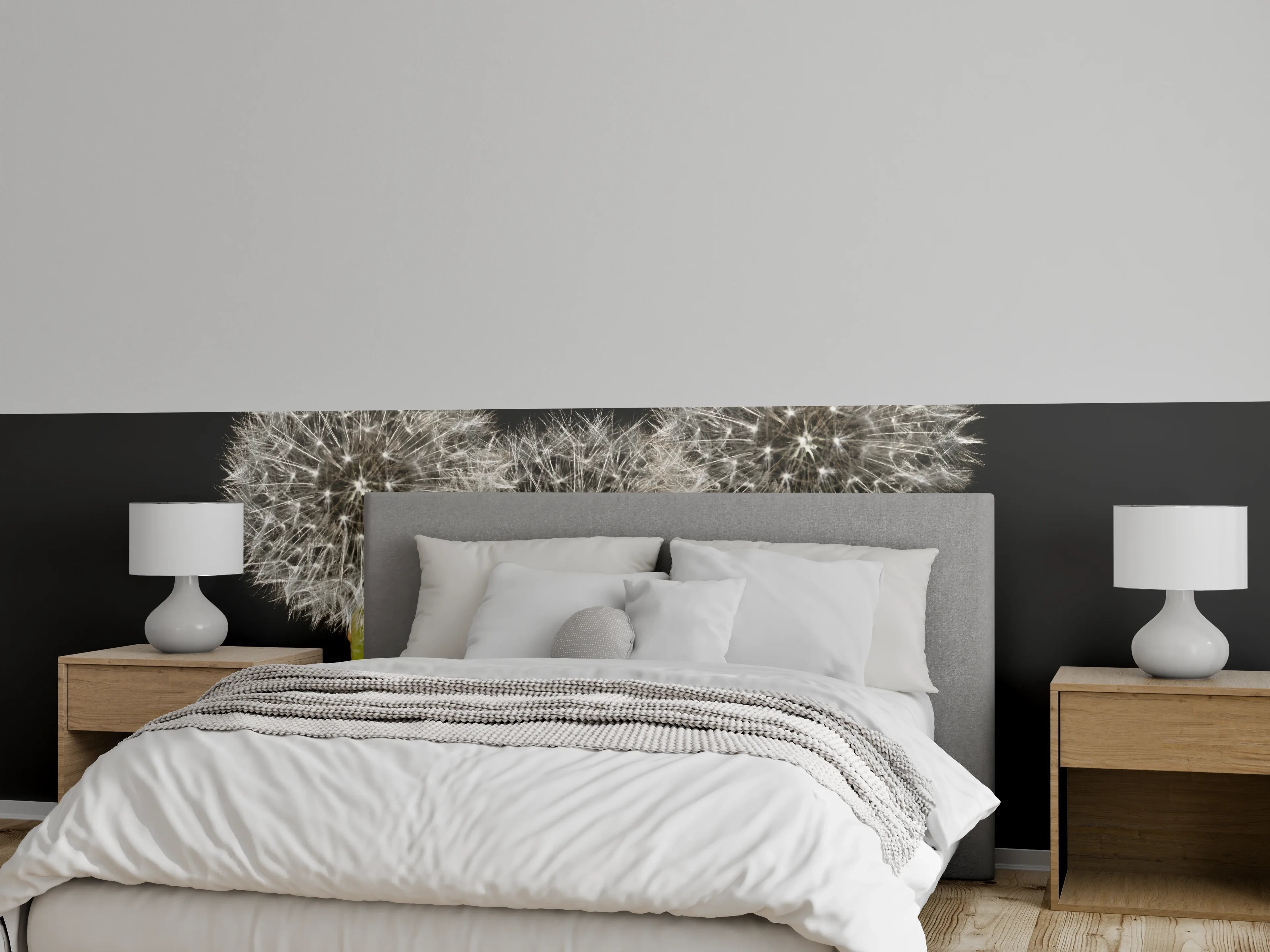 Wandverkleidung Schlafzimmer - Weiße Pusteblumen auf Schwarz