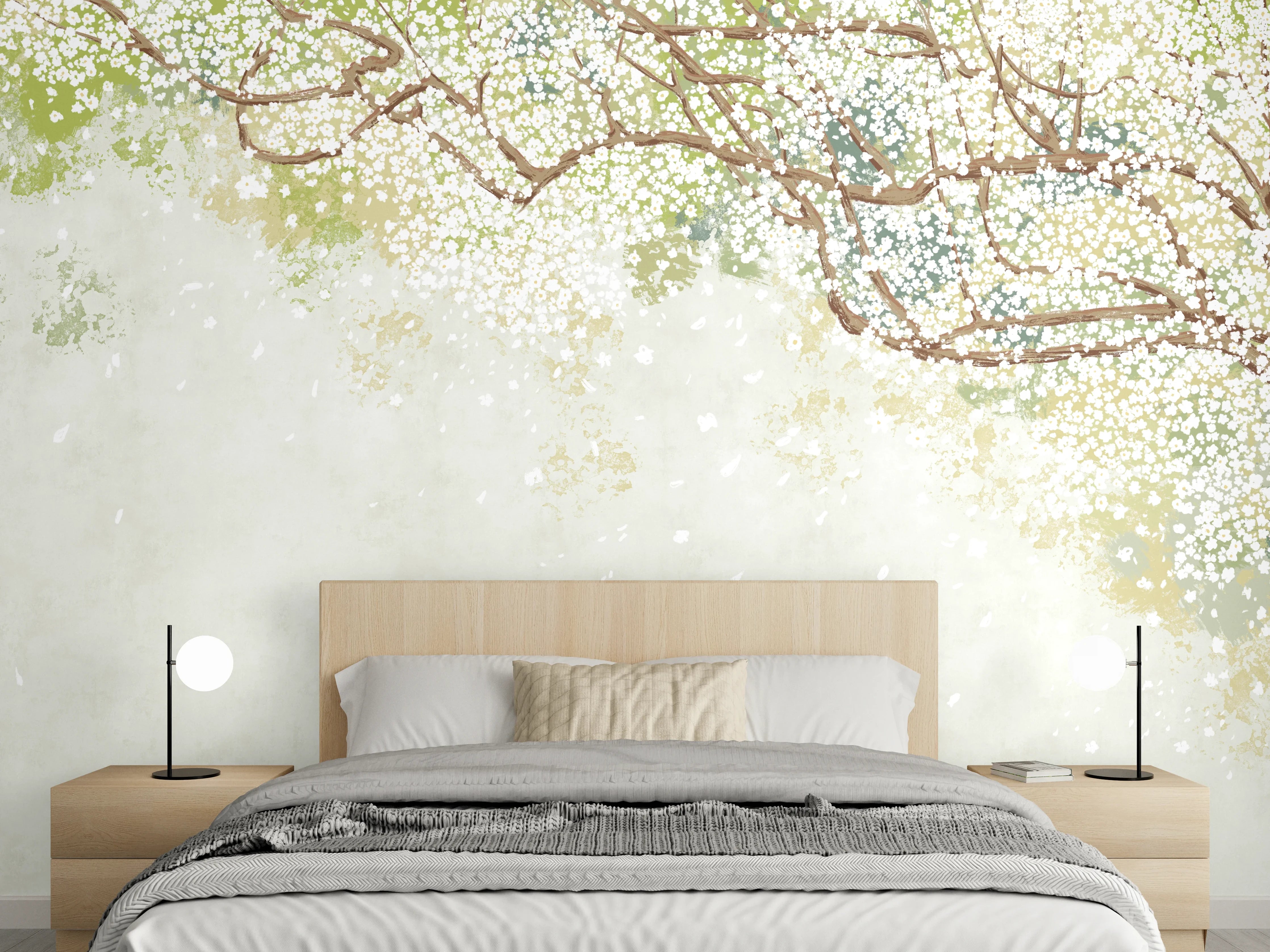 Wandverkleidung Schlafzimmer - Weiße Sakura Blätter - Vintage