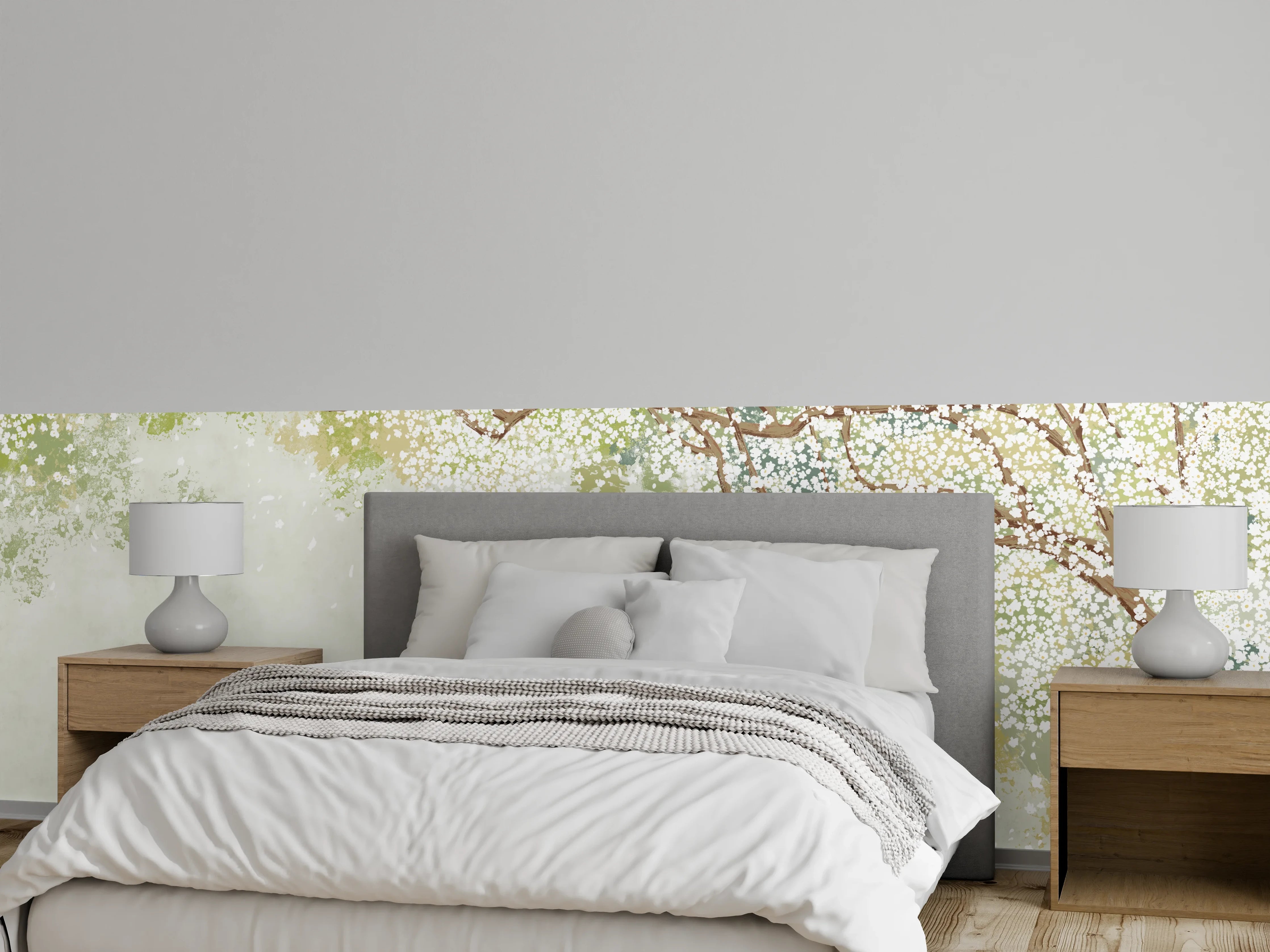 Wandverkleidung Schlafzimmer - Weiße Sakura Blätter - Vintage
