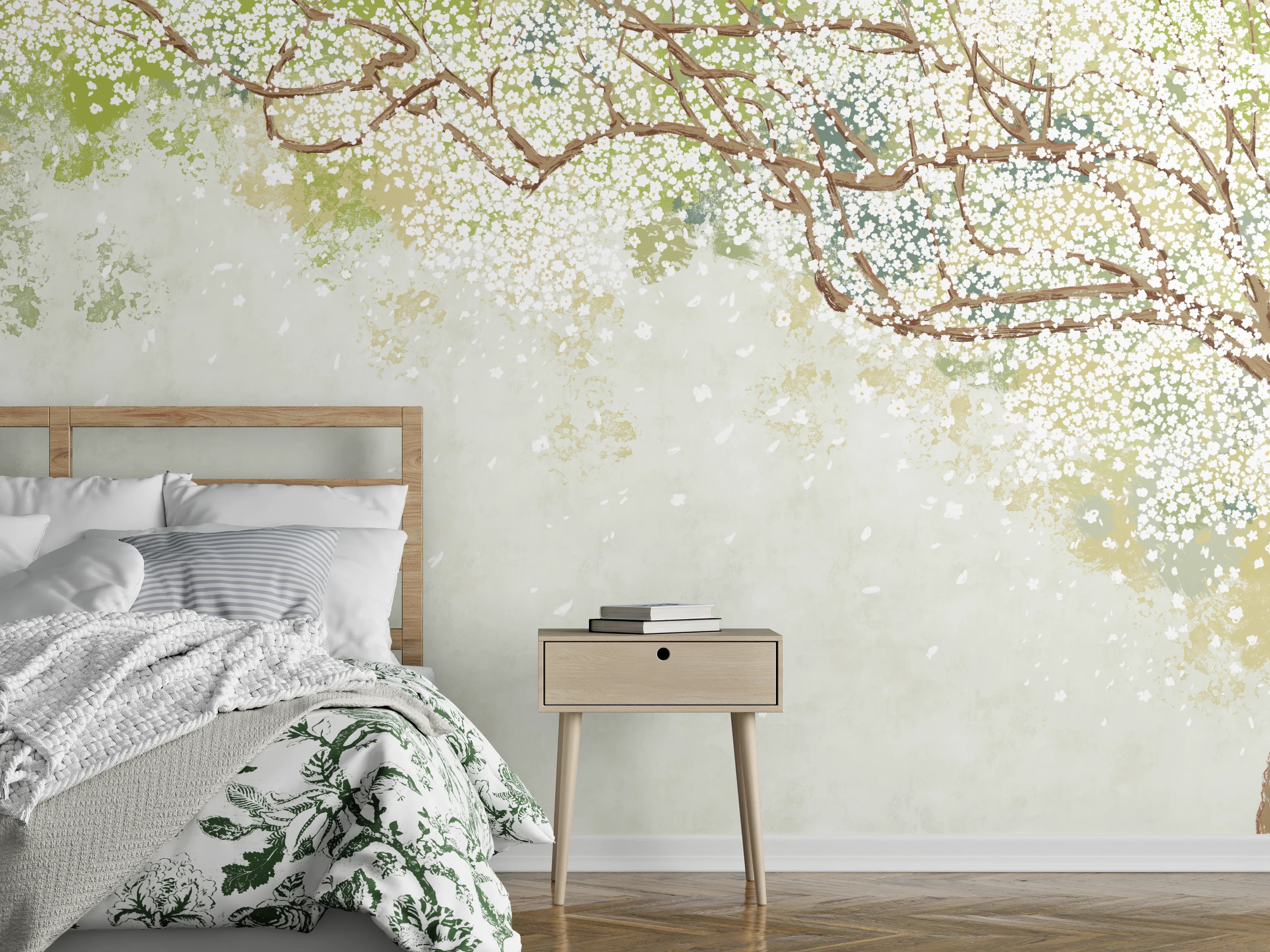 Wandverkleidung Schlafzimmer - Weiße Sakura Blätter - Vintage