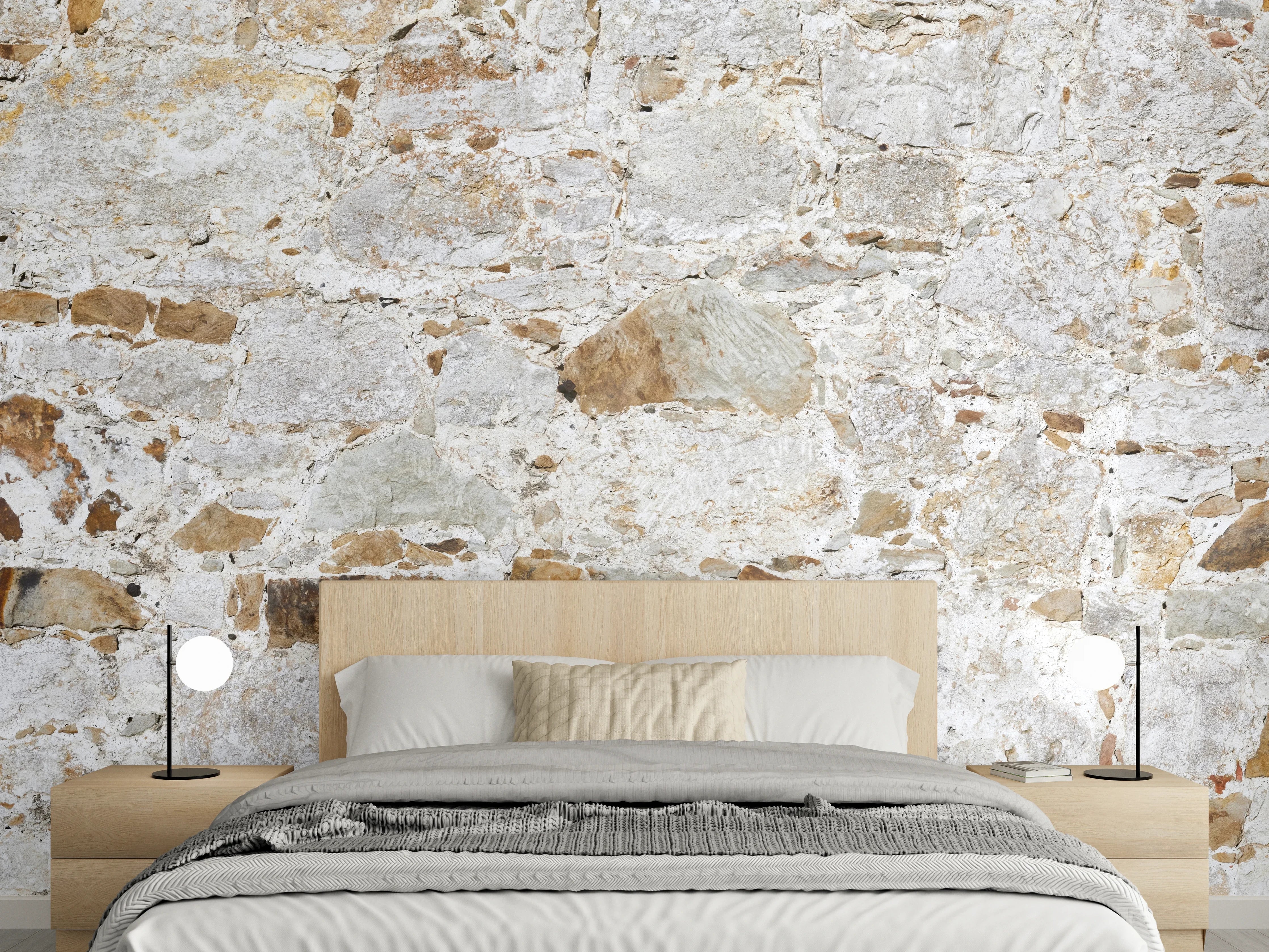 Wandverkleidung Schlafzimmer - Weiße Steinmauer mit grauer Textur