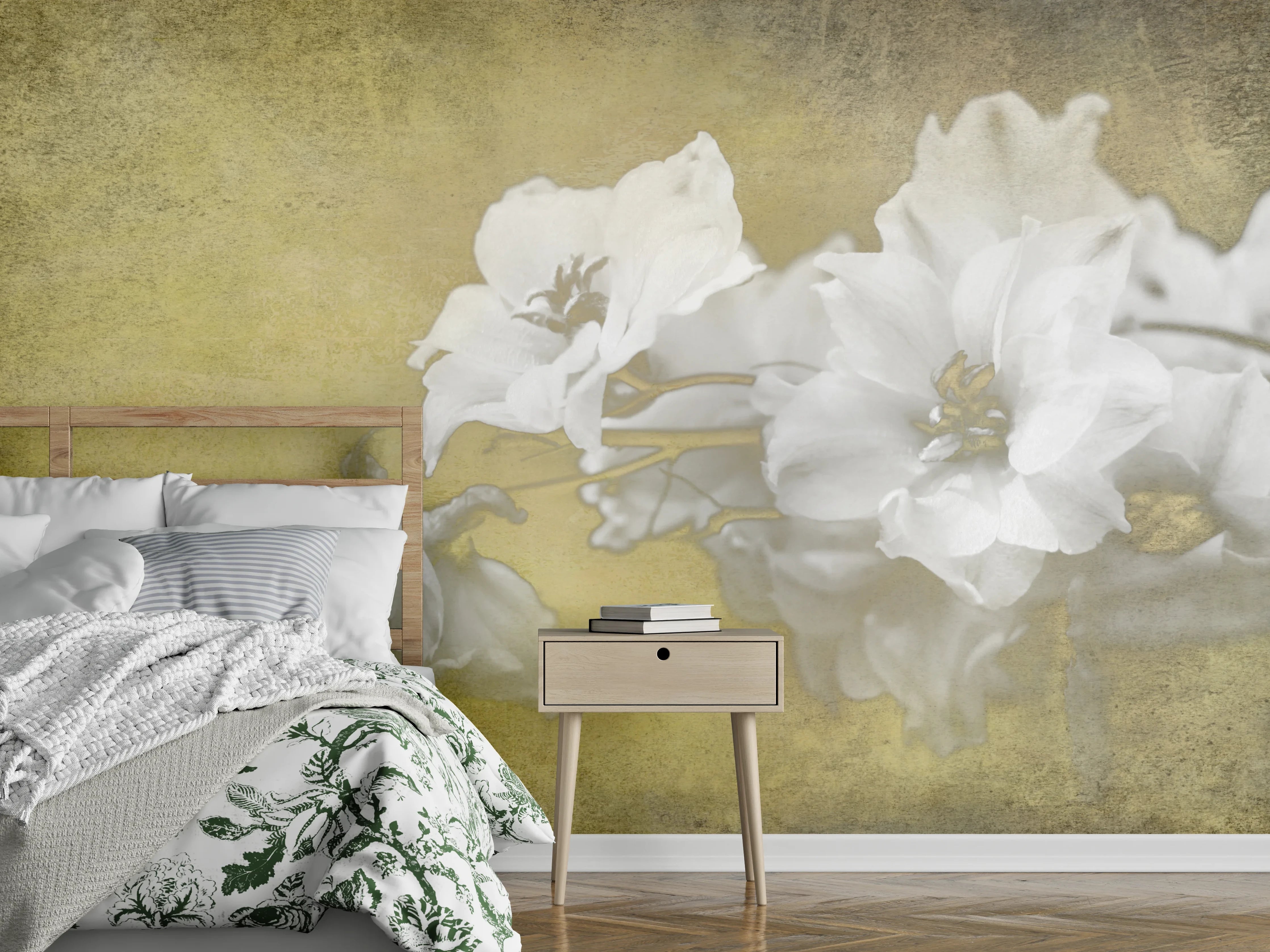 Wandverkleidung Schlafzimmer - Weiße Vintage-Blumen auf sanftem Gelb