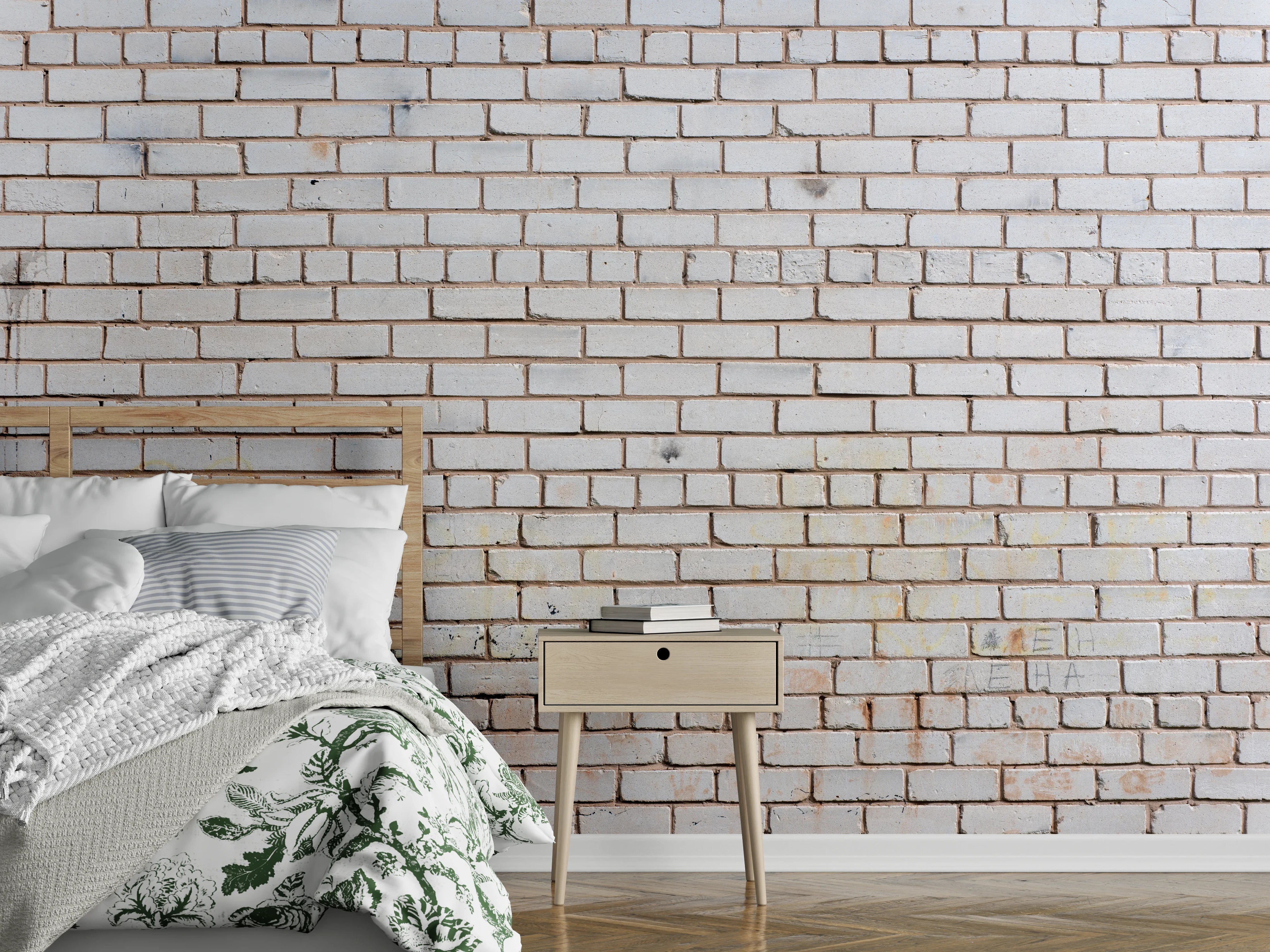 Wandverkleidung Schlafzimmer - Weiße Ziegelwand mit zarten Grautönen - realistische Textur