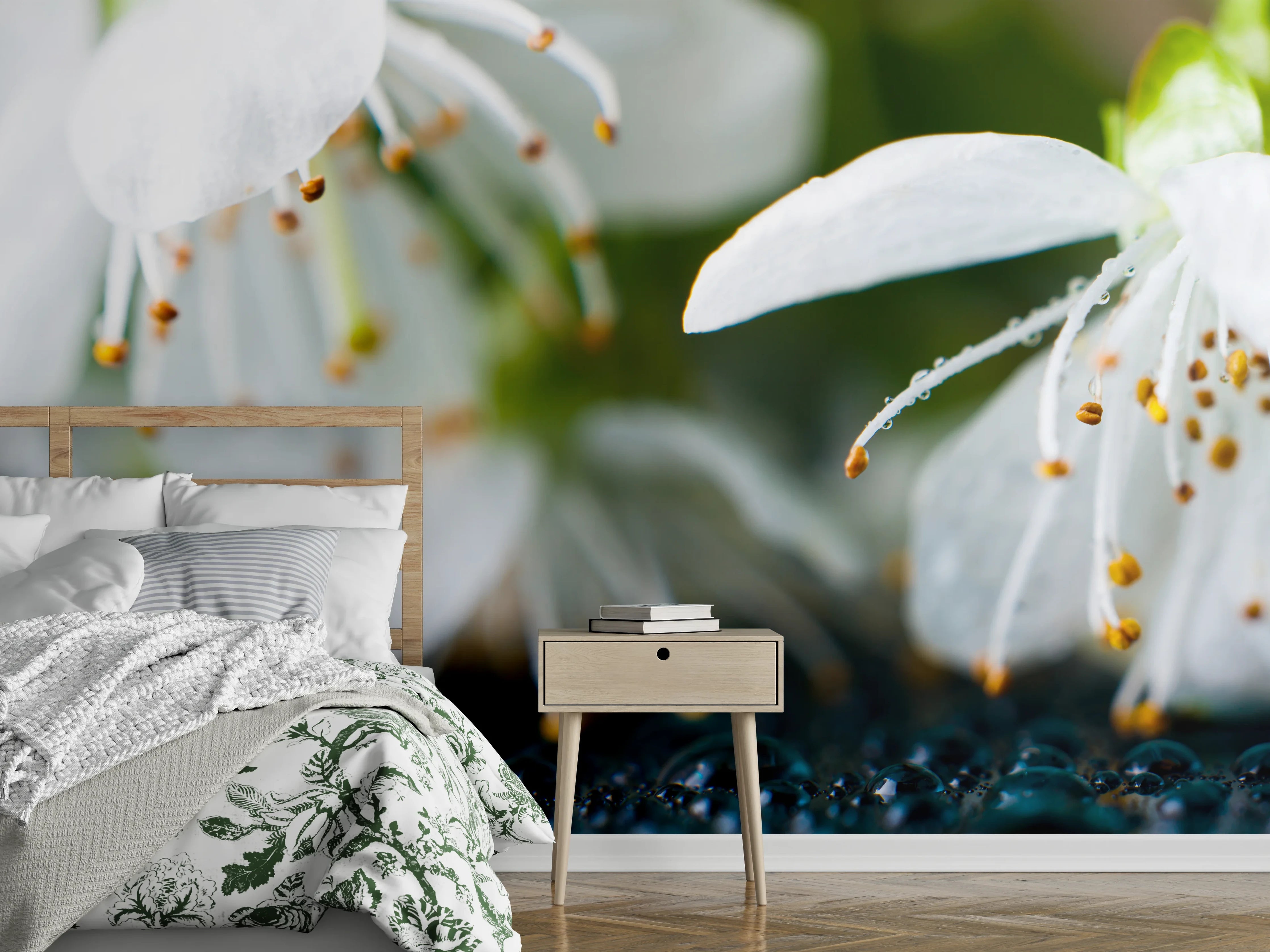 Wandverkleidung Schlafzimmer - Weiße blühende Frühlingsblumen