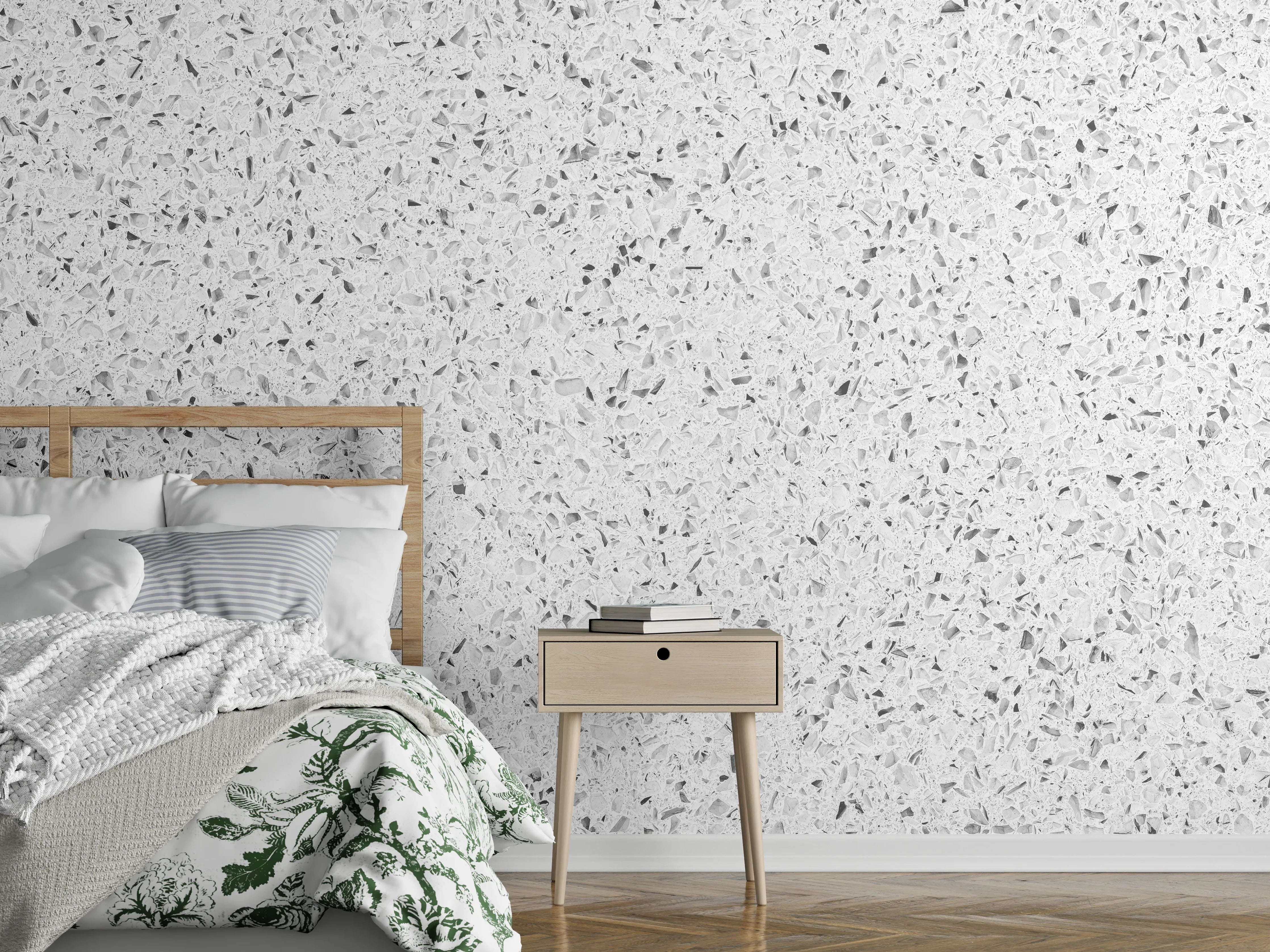 Wandverkleidung Schlafzimmer - Weiße gepunktete Quarzoberfläche