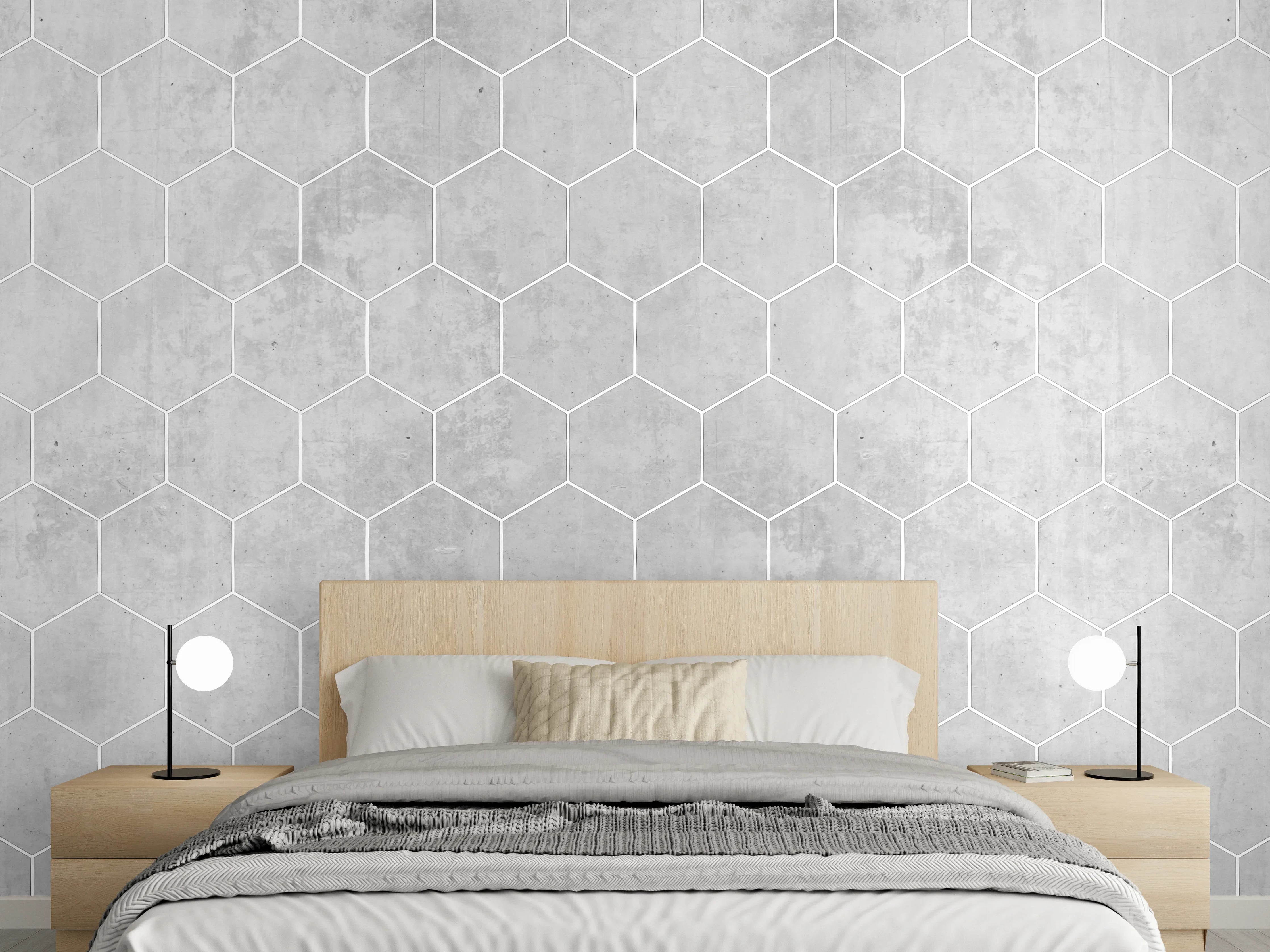 Wandverkleidung Schlafzimmer - Weiße sechseckige Mustern auf Grauen Hintergrund