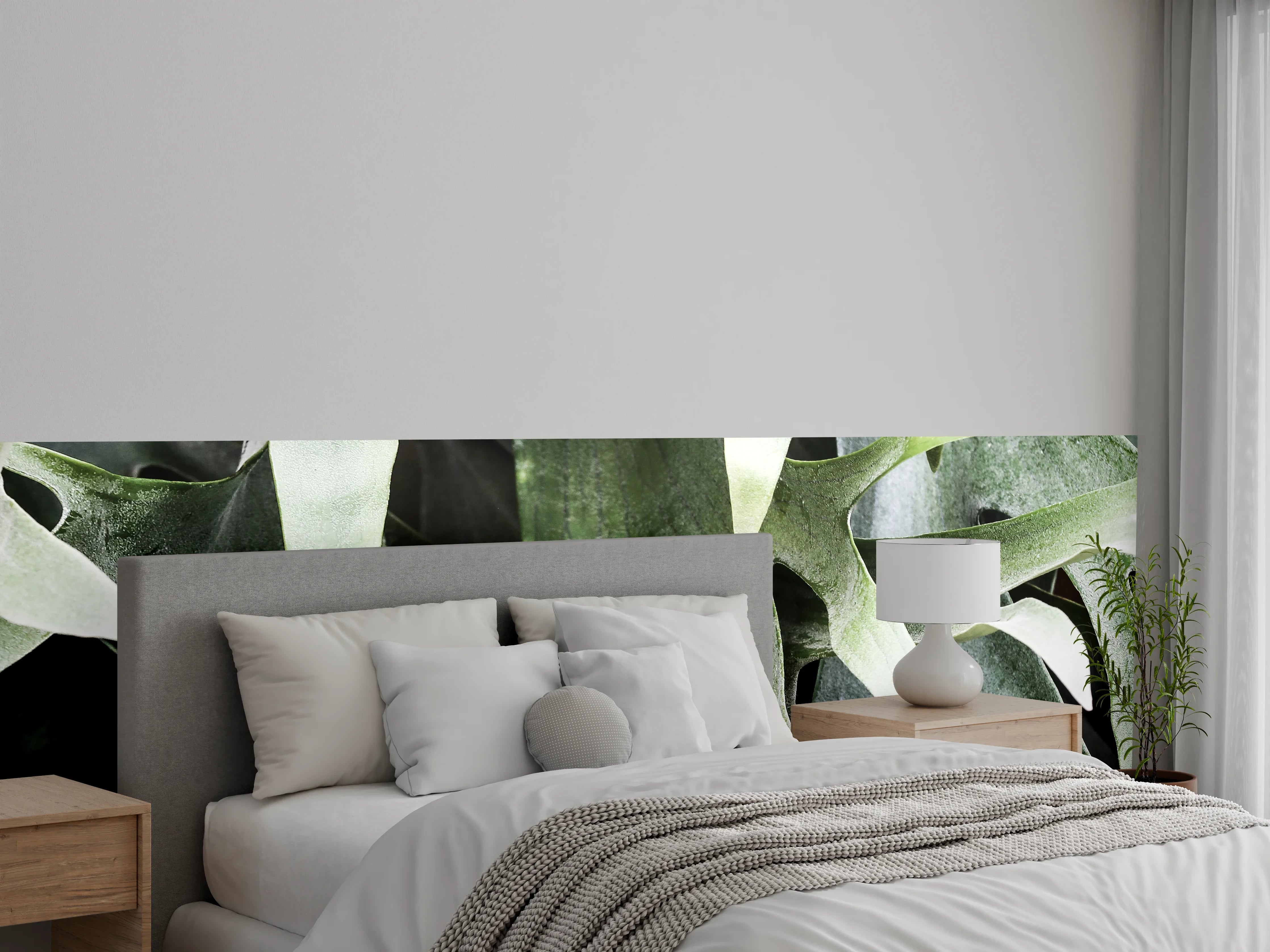Wandverkleidung Schlafzimmer - Weiße und grüne Blätter mit spitzen Formen