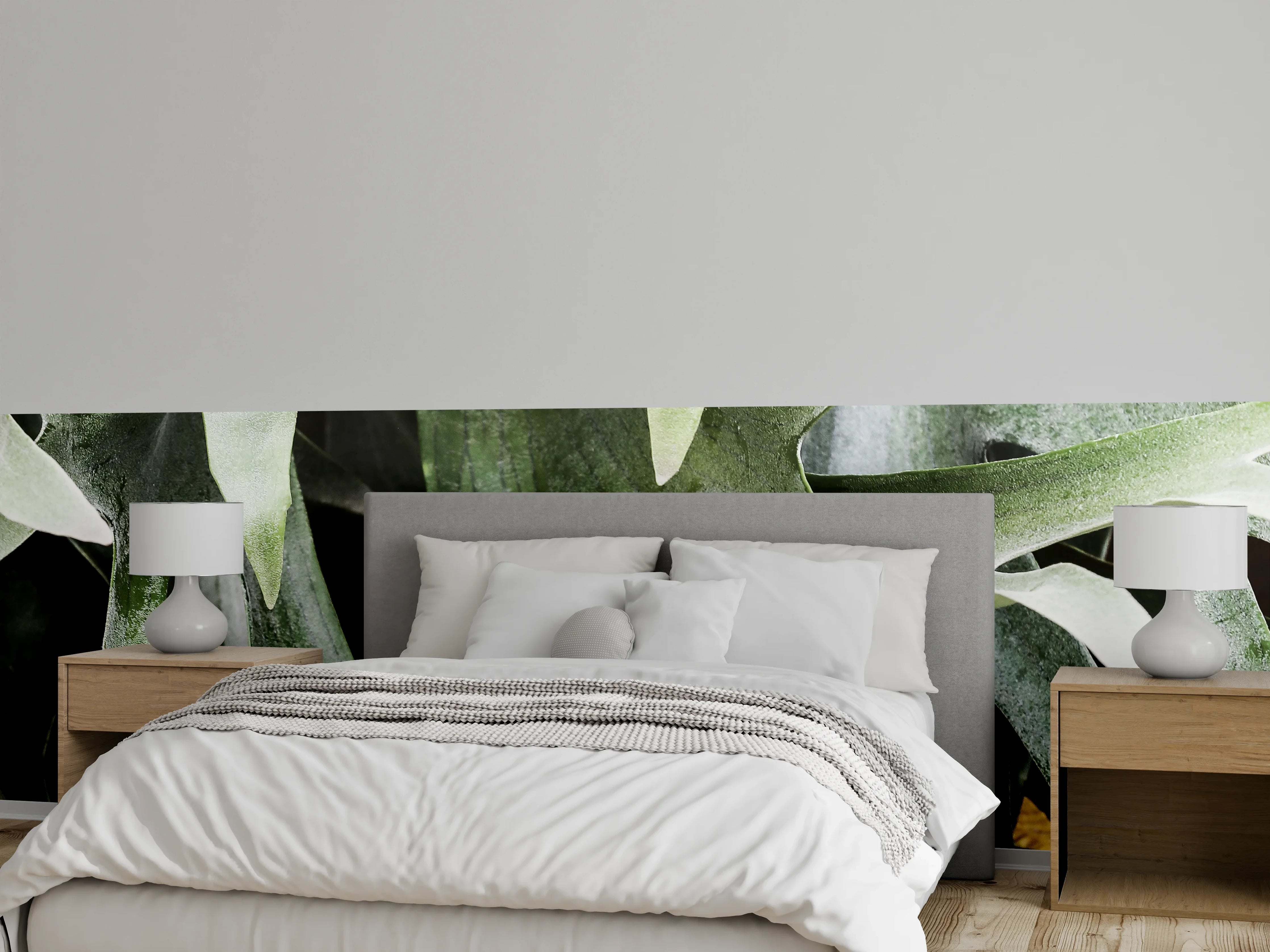 Wandverkleidung Schlafzimmer - Weiße und grüne Blätter mit spitzen Formen
