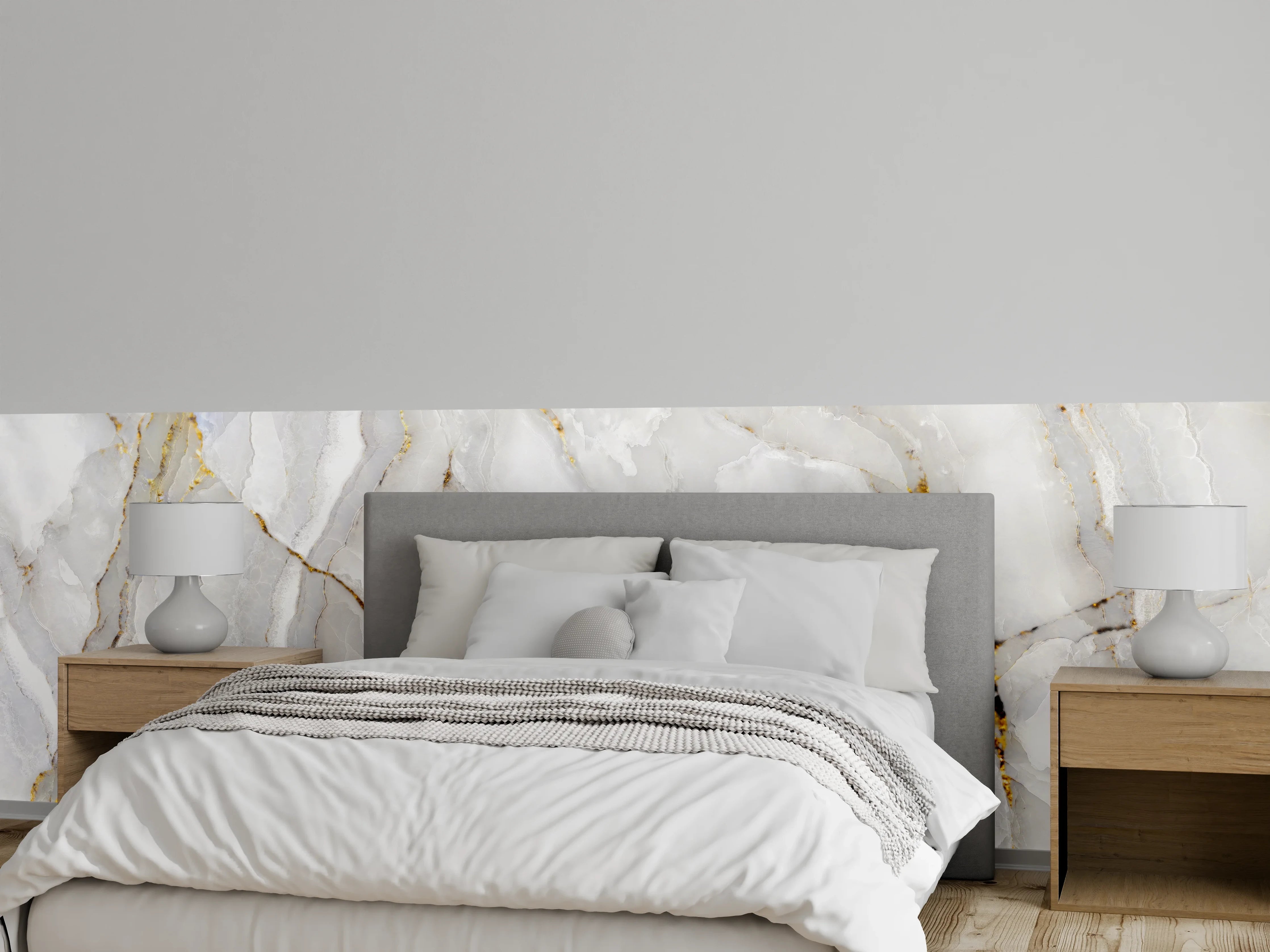 Wandverkleidung Schlafzimmer - Weißer Statuario-Marmor mit goldene Adern
