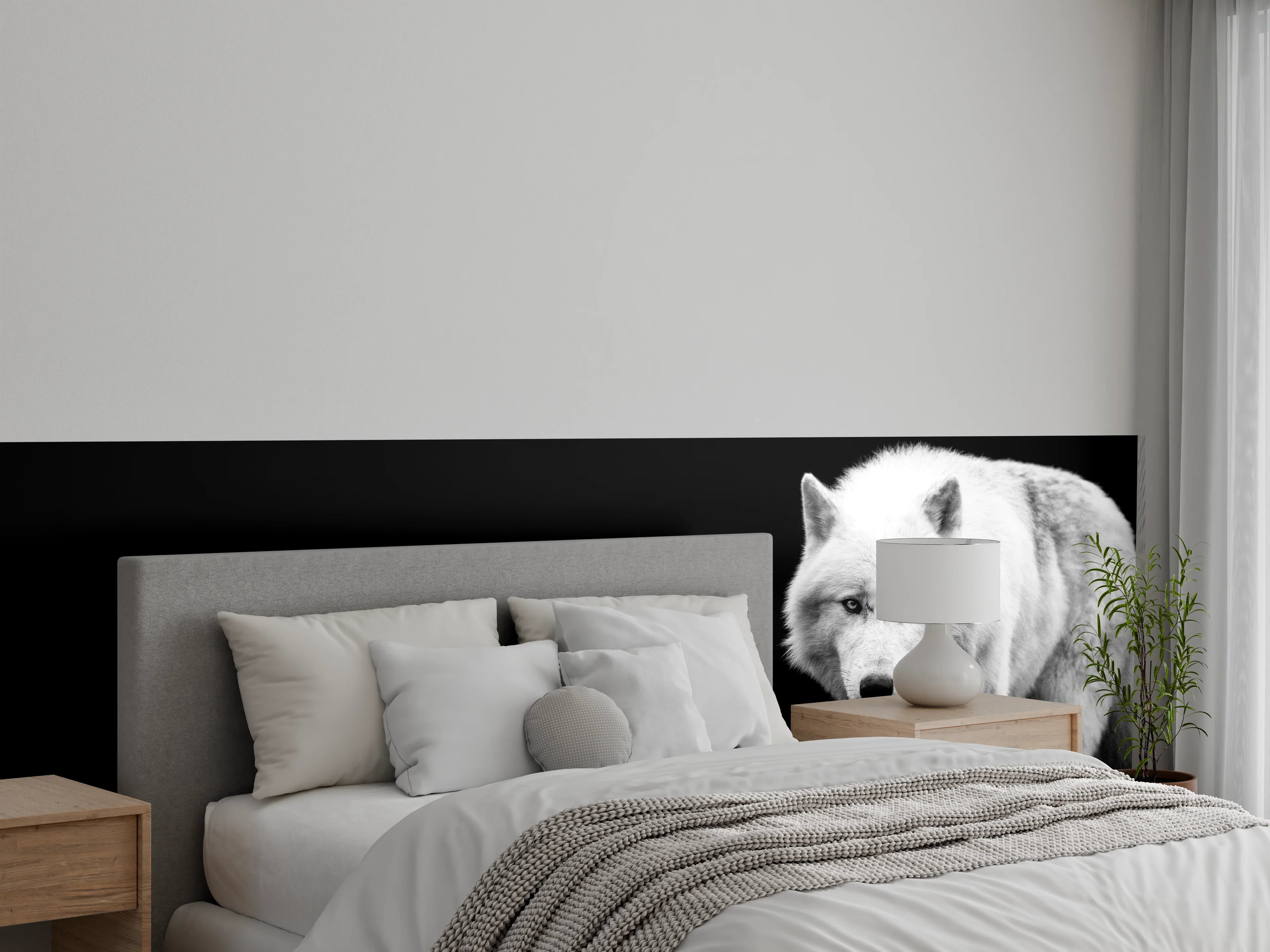 Wandverkleidung Schlafzimmer - Weißer Wolf mit schwarzem Hintergrund