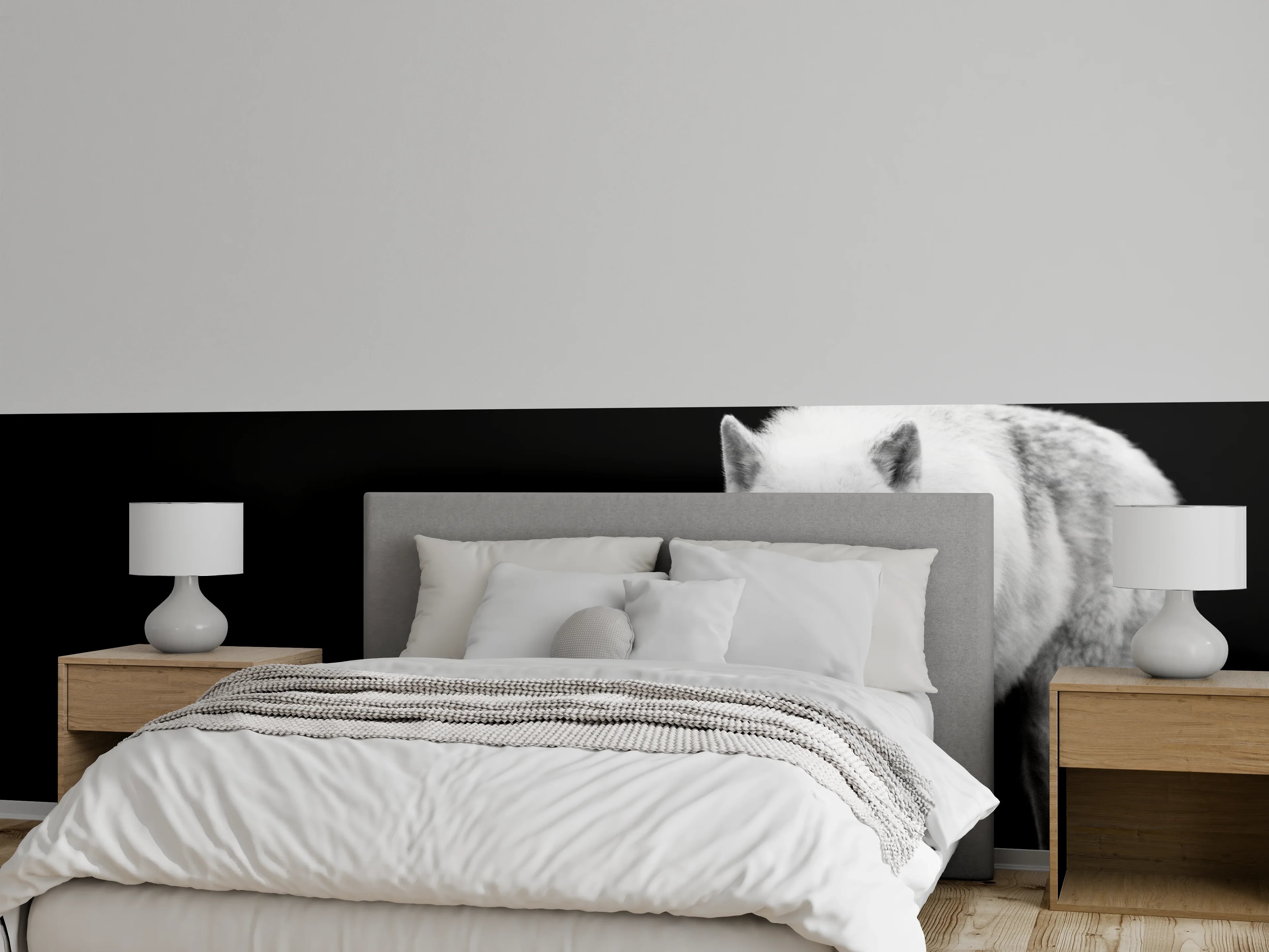 Wandverkleidung Schlafzimmer - Weißer Wolf mit schwarzem Hintergrund