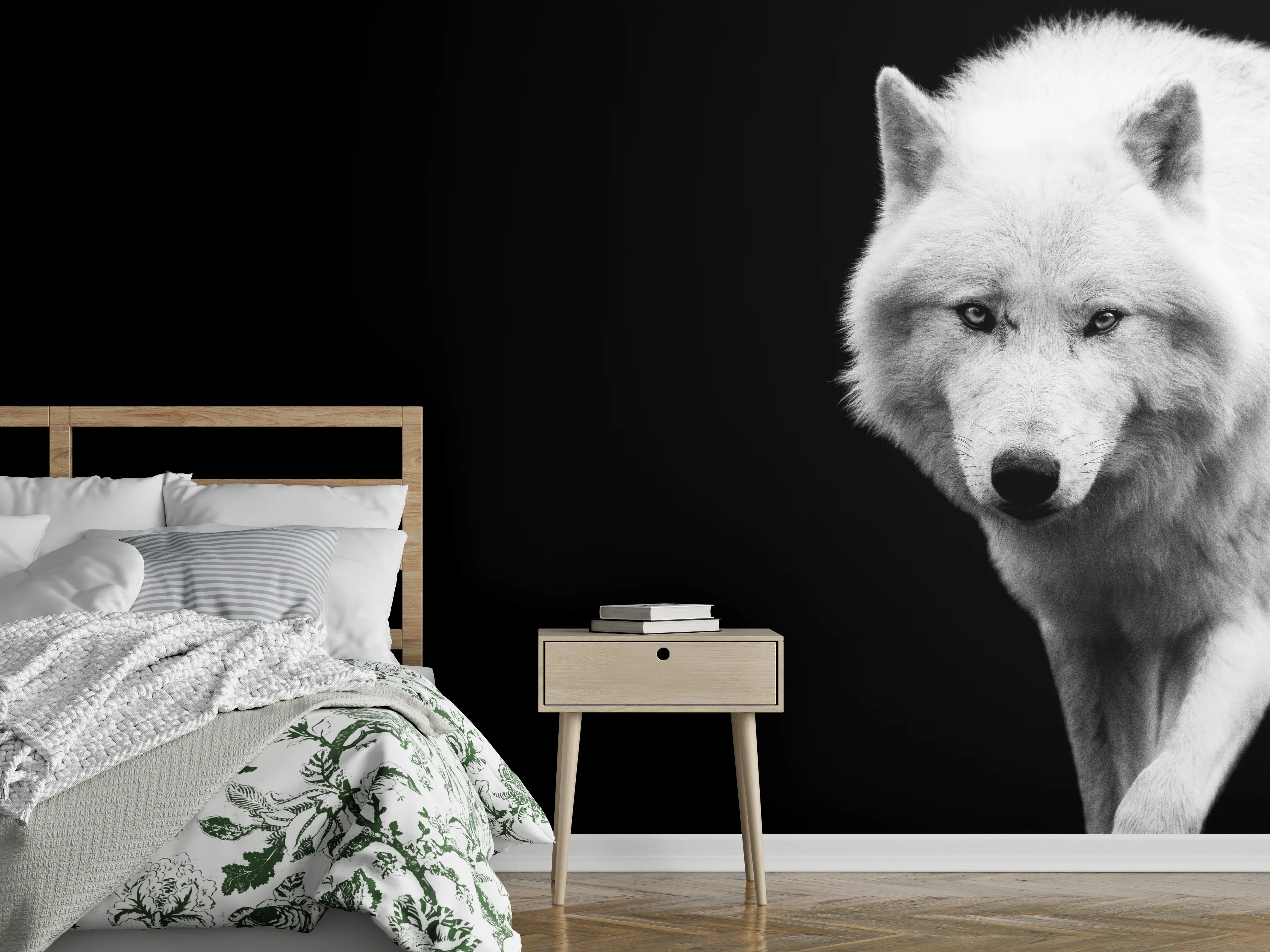 Wandverkleidung Schlafzimmer - Weißer Wolf mit schwarzem Hintergrund