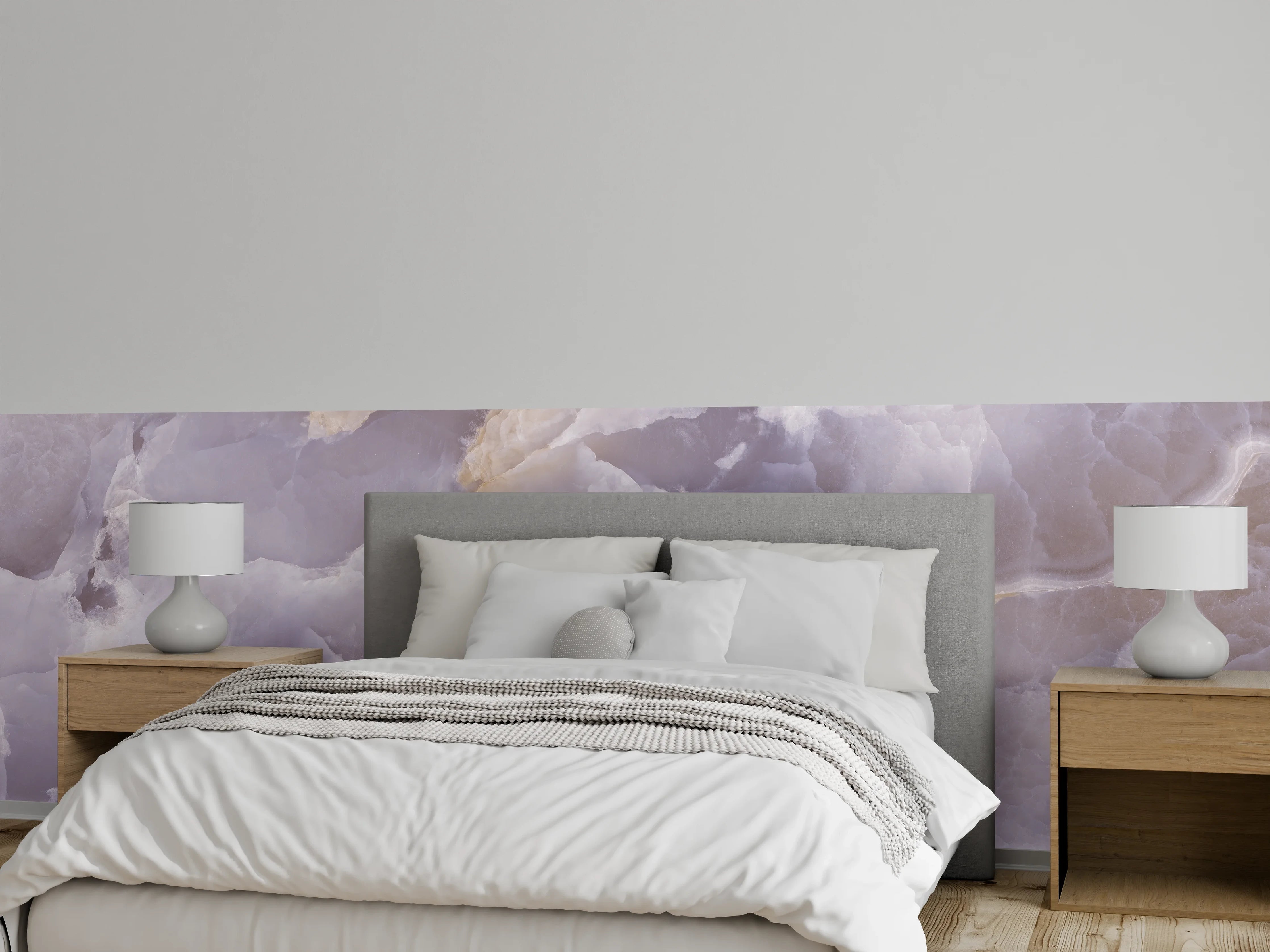 Wandverkleidung Schlafzimmer - Weißer, grauer Marmor mit goldenen Akzenten