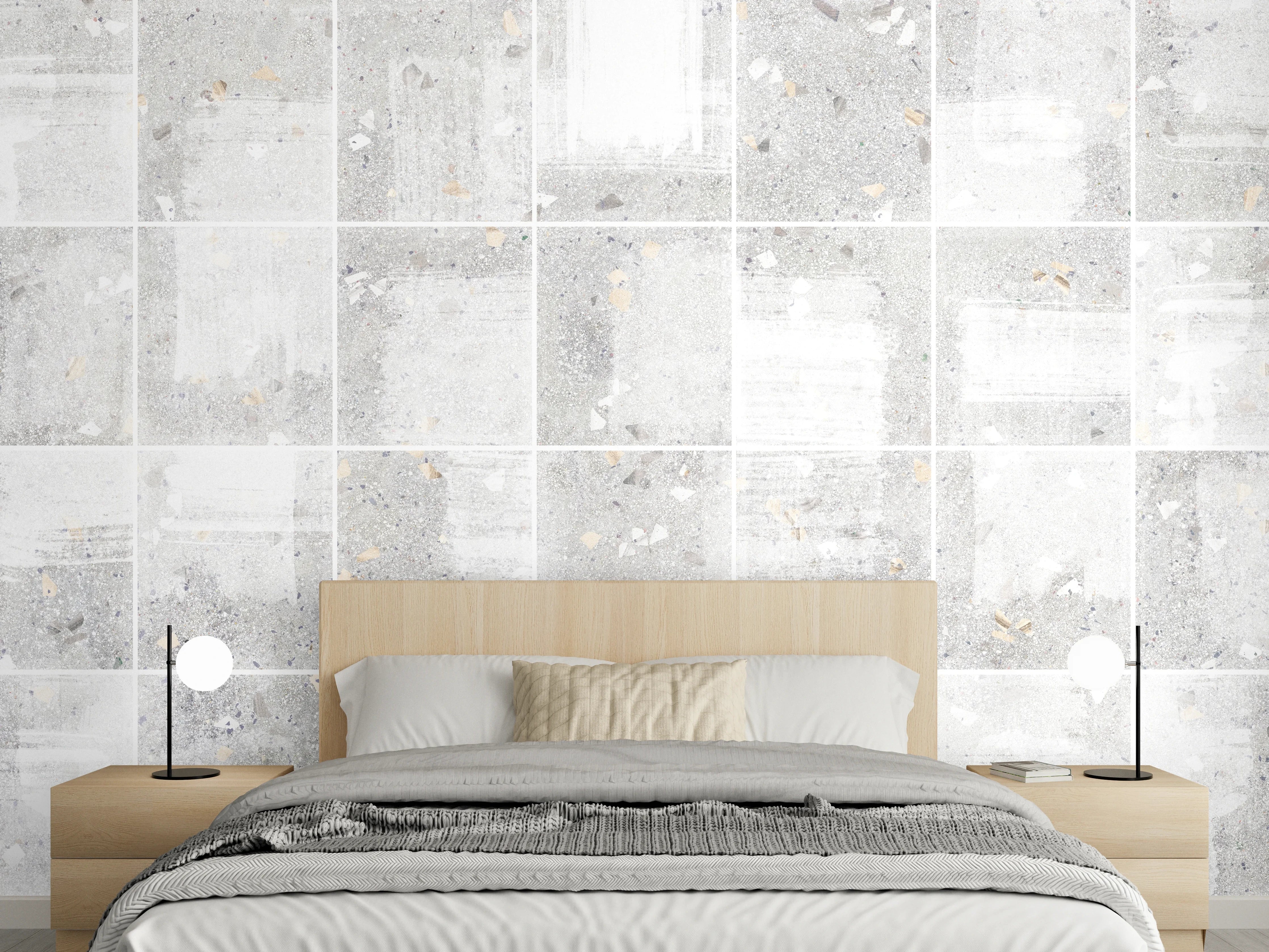 Wandverkleidung Schlafzimmer - Weißes Fliesenmuster - Terrazzo Struktur