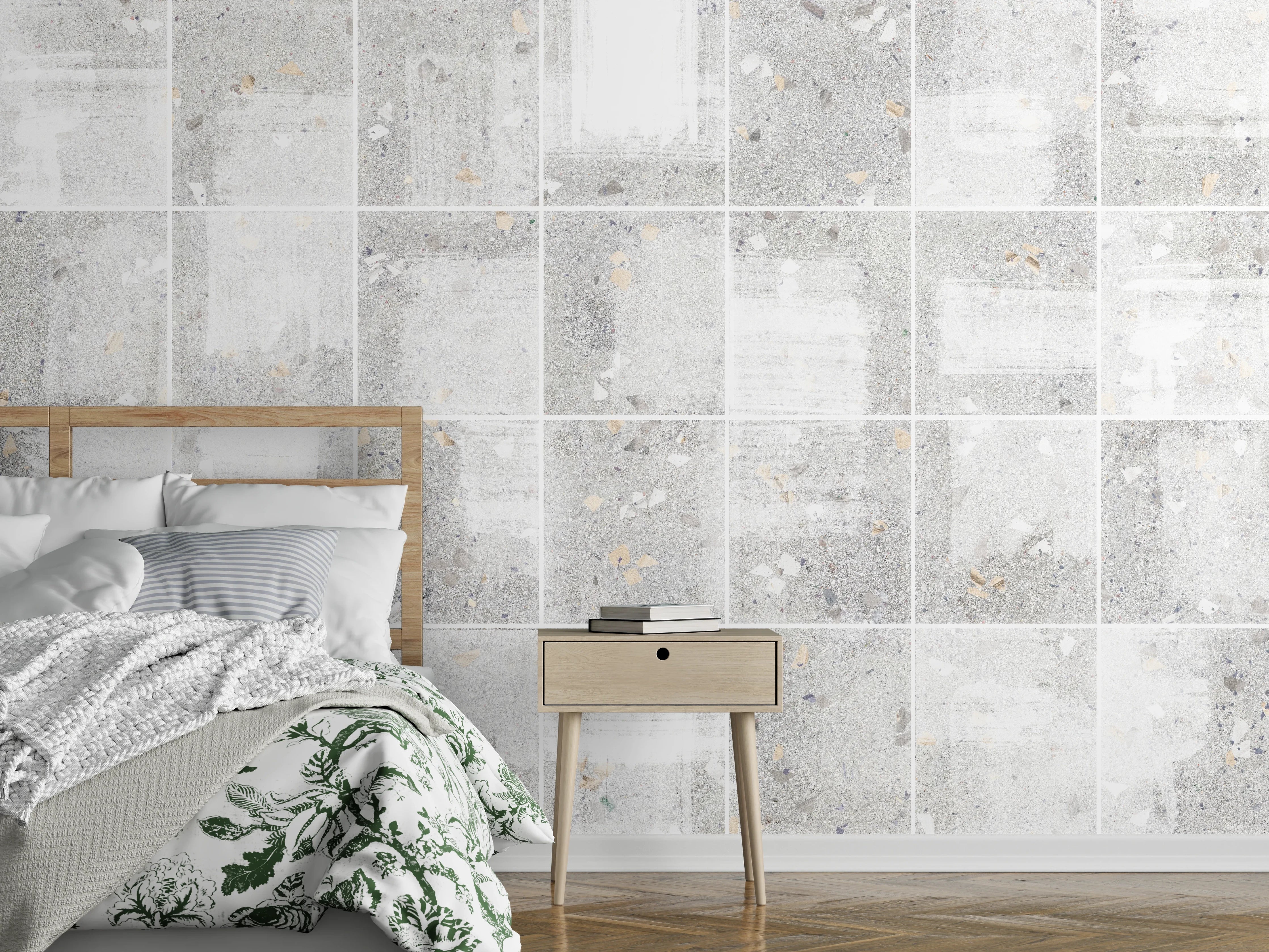 Wandverkleidung Schlafzimmer - Weißes Fliesenmuster - Terrazzo Struktur