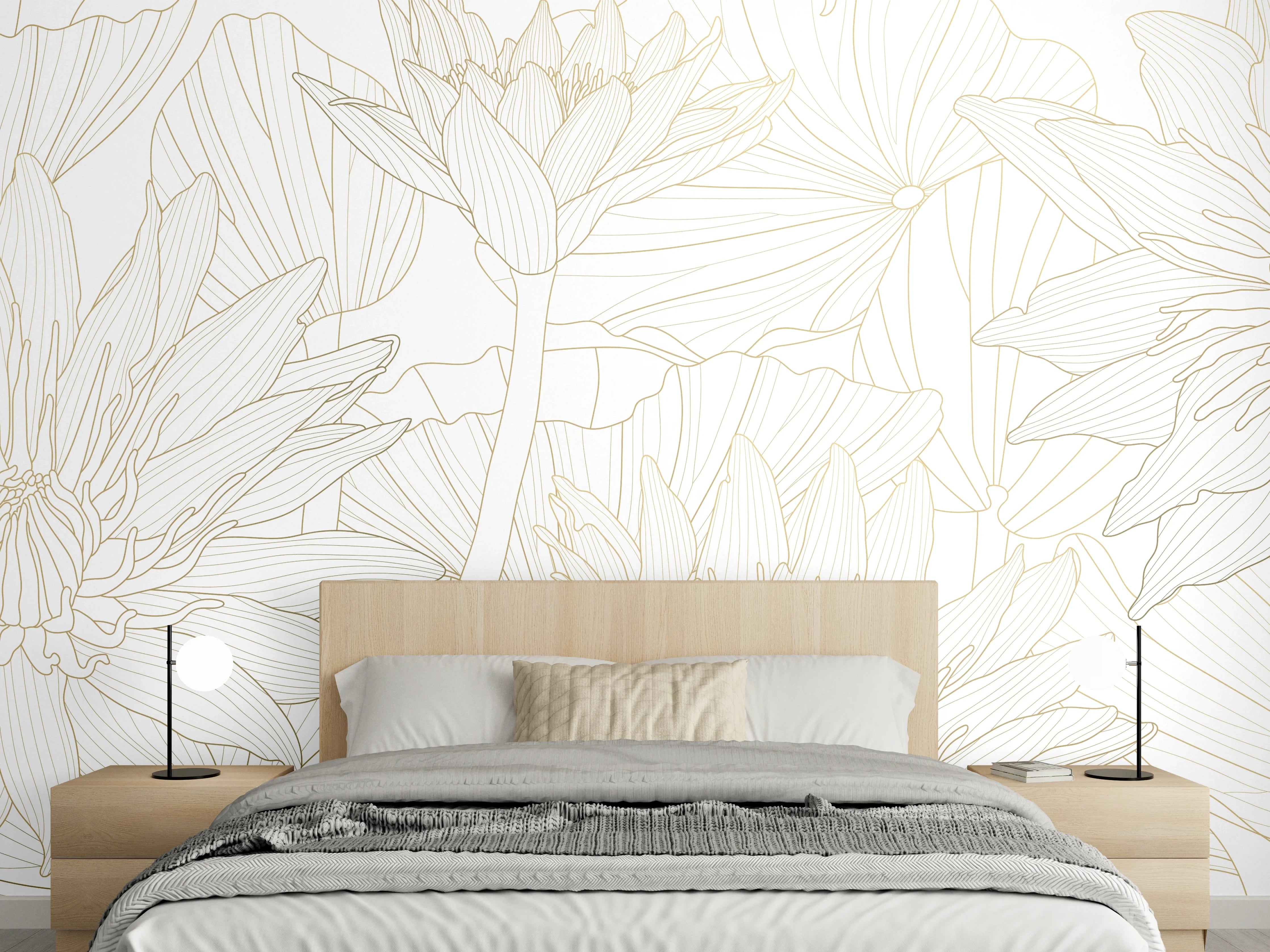 Wandverkleidung Schlafzimmer - Weißes Floral-Linien Kunstwerk
