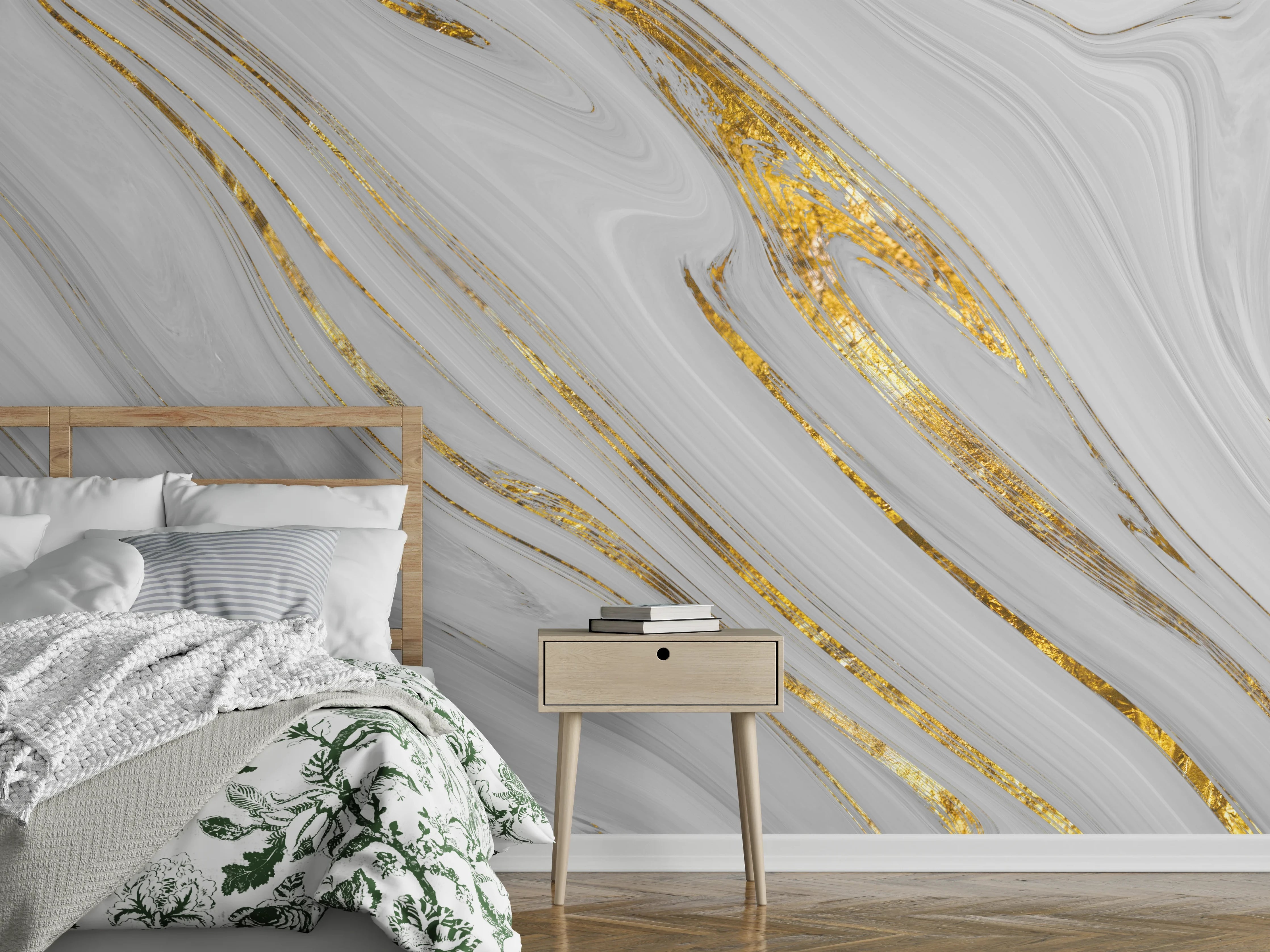 Wandverkleidung Schlafzimmer - Weißes Marmor Muster mit goldenen Adern