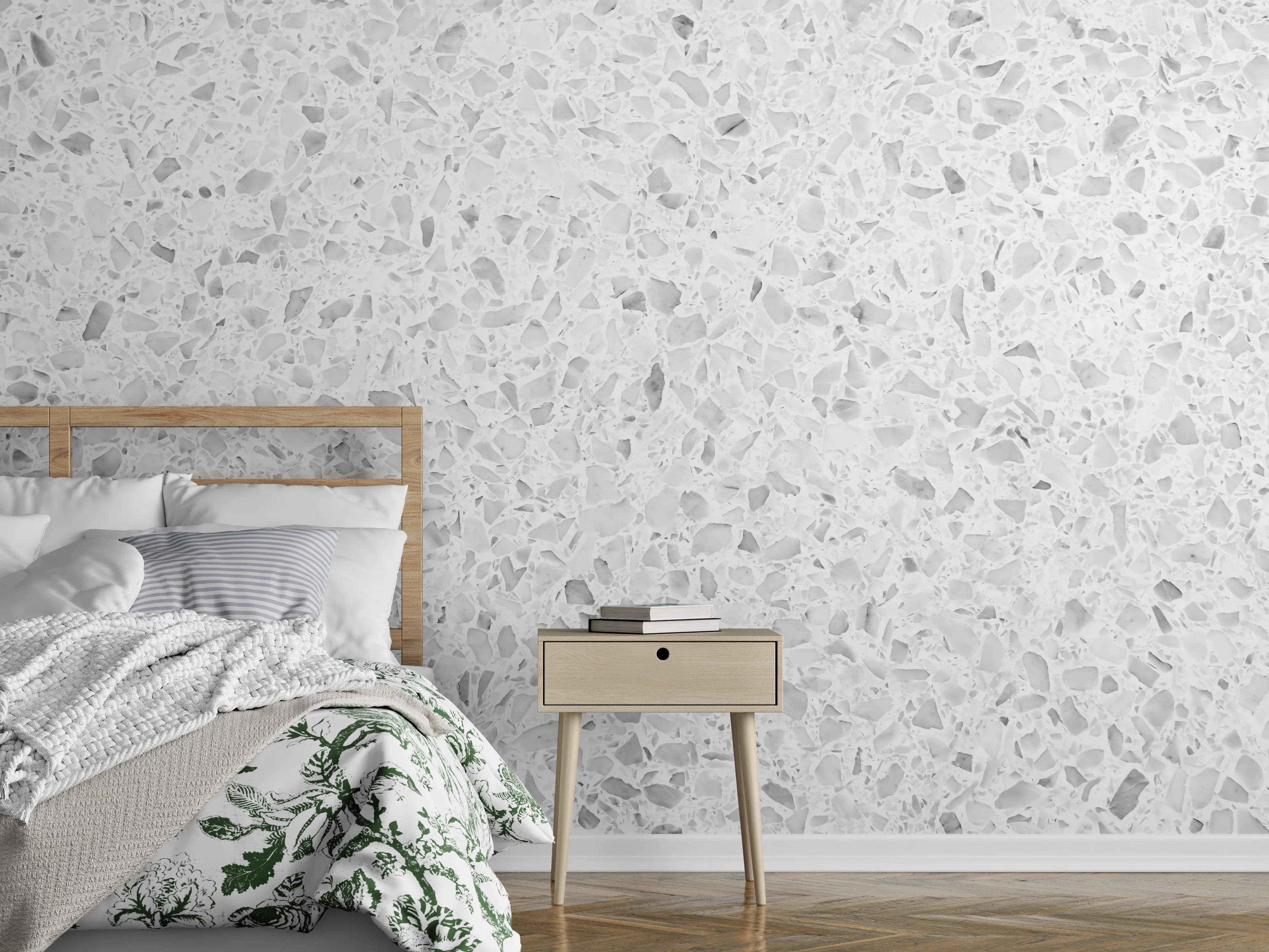 Wandverkleidung Schlafzimmer - Weißgrauer Terrazzo-Look: Modern & Elegant
