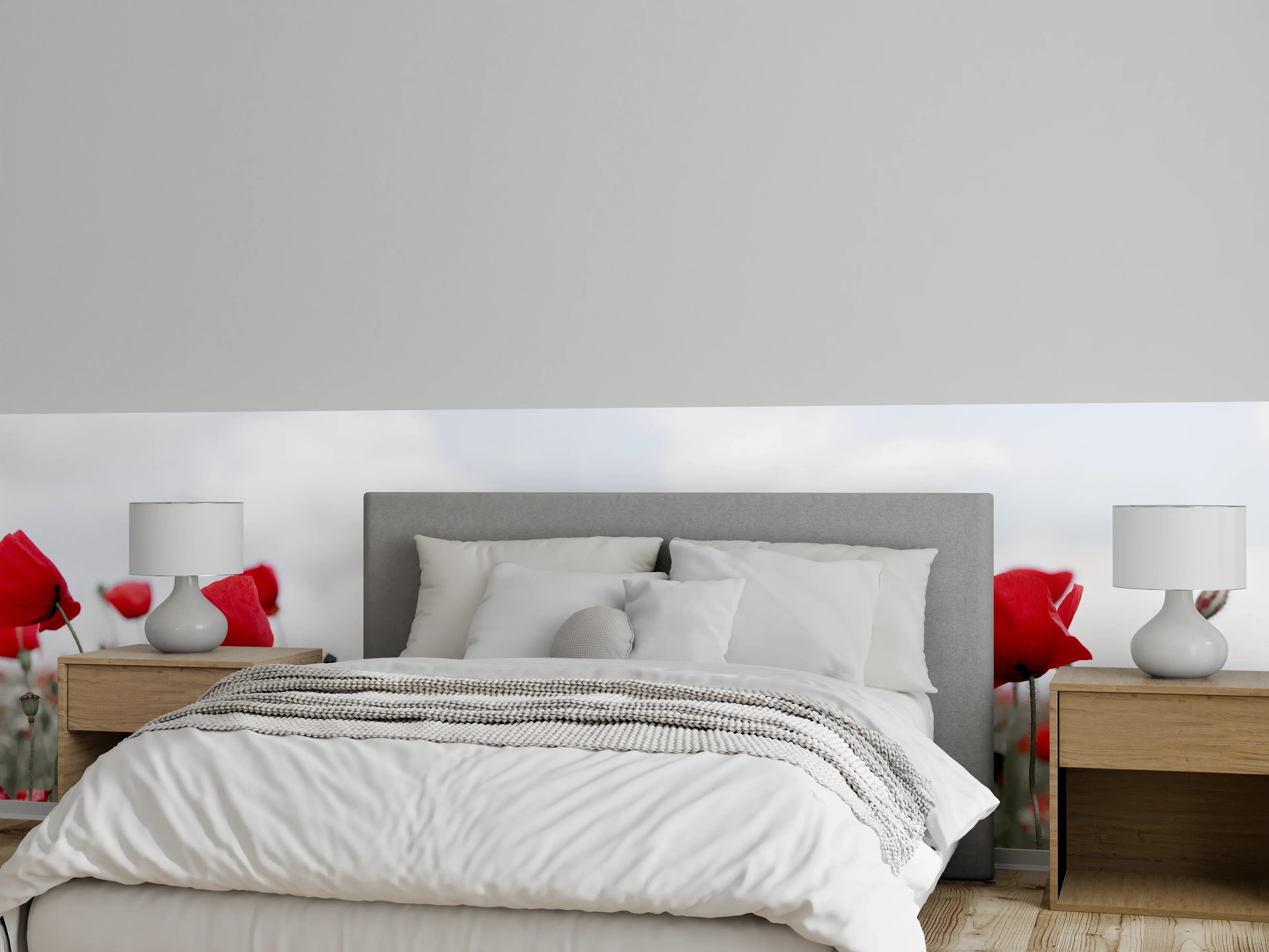 Wandverkleidung Schlafzimmer - Weites rotes Mohnfeld Panorama
