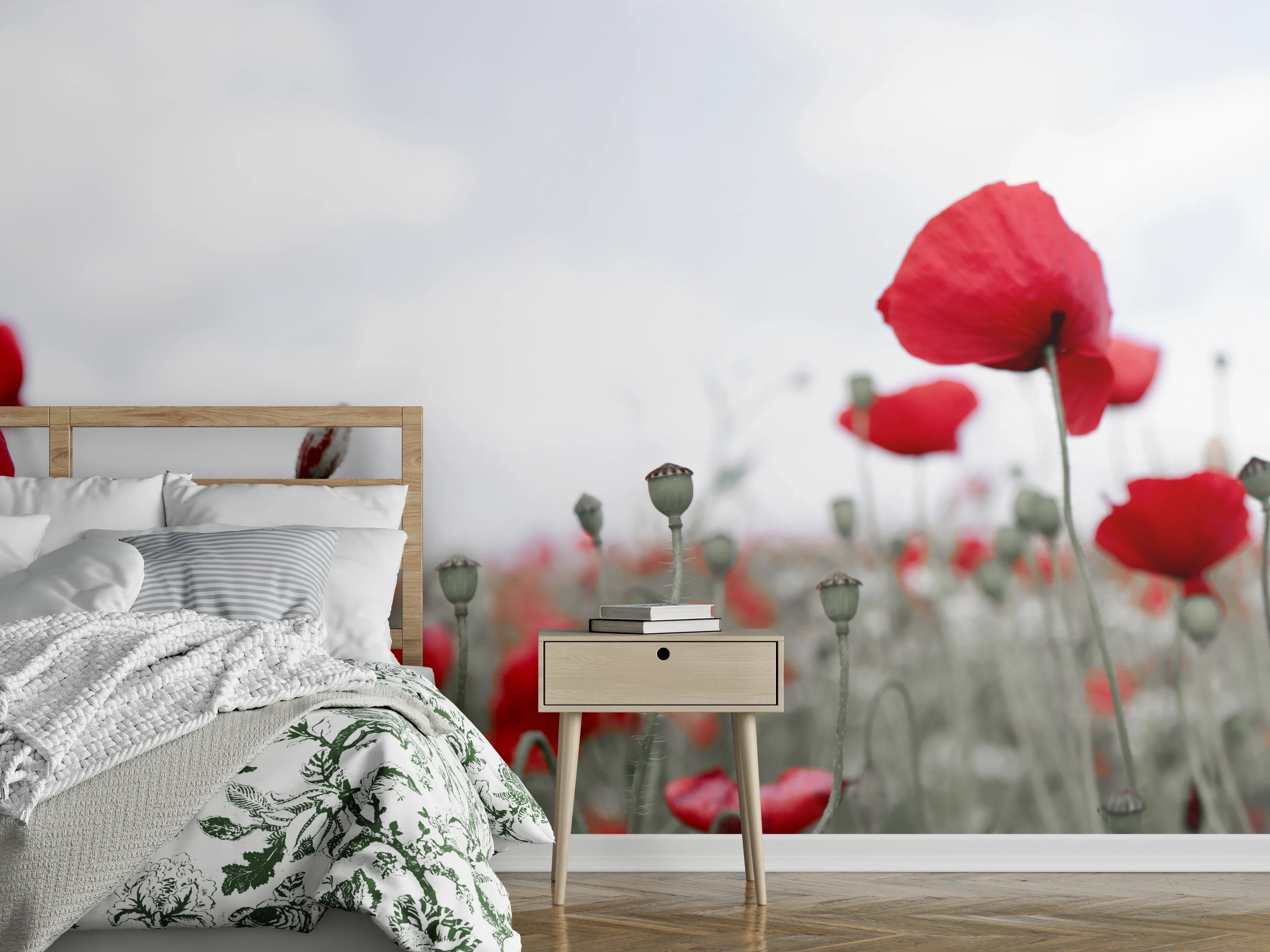 Wandverkleidung Schlafzimmer - Weites rotes Mohnfeld Panorama