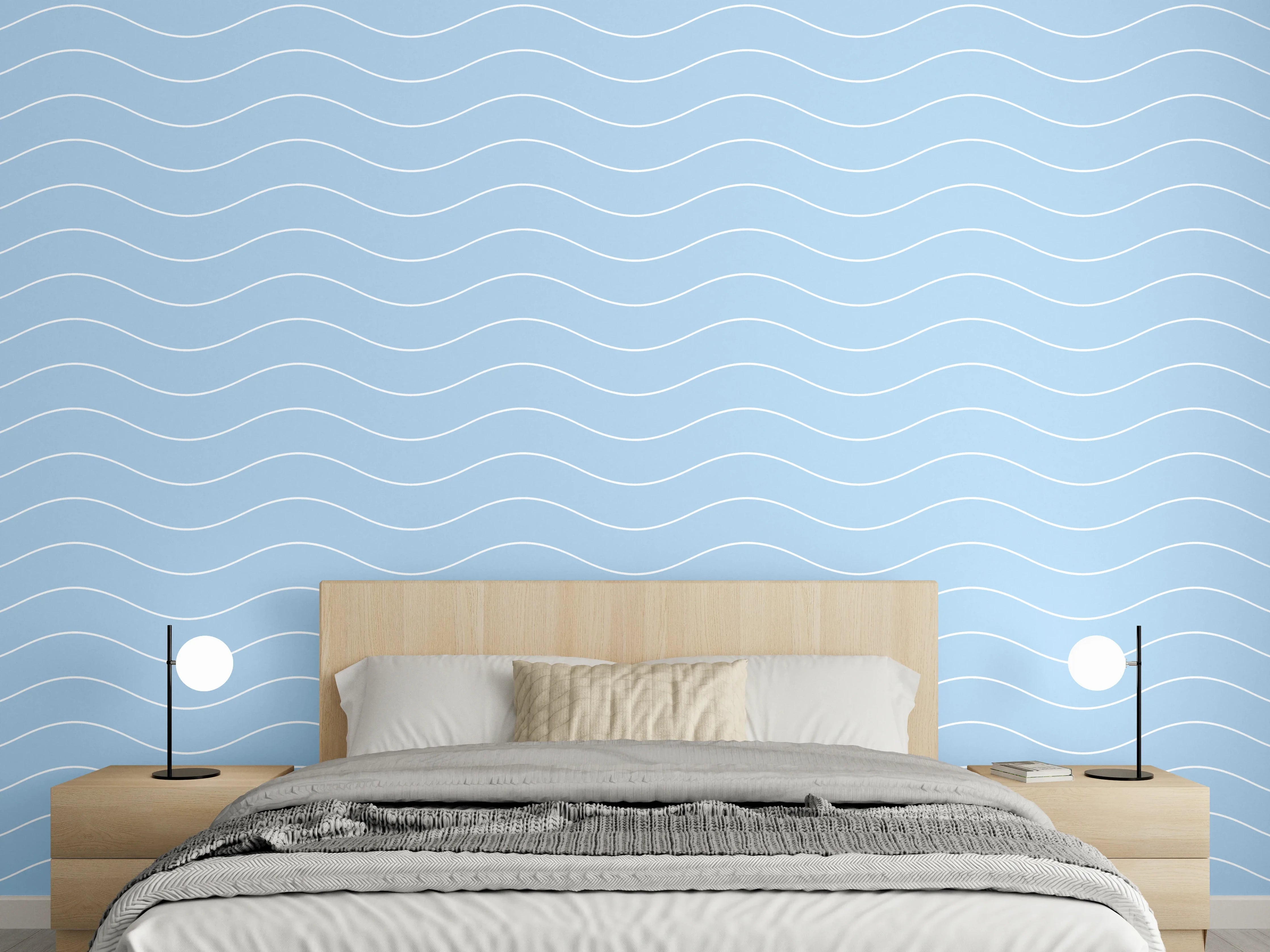 Wandverkleidung Schlafzimmer - Wellen-Linien in sanftem Blau