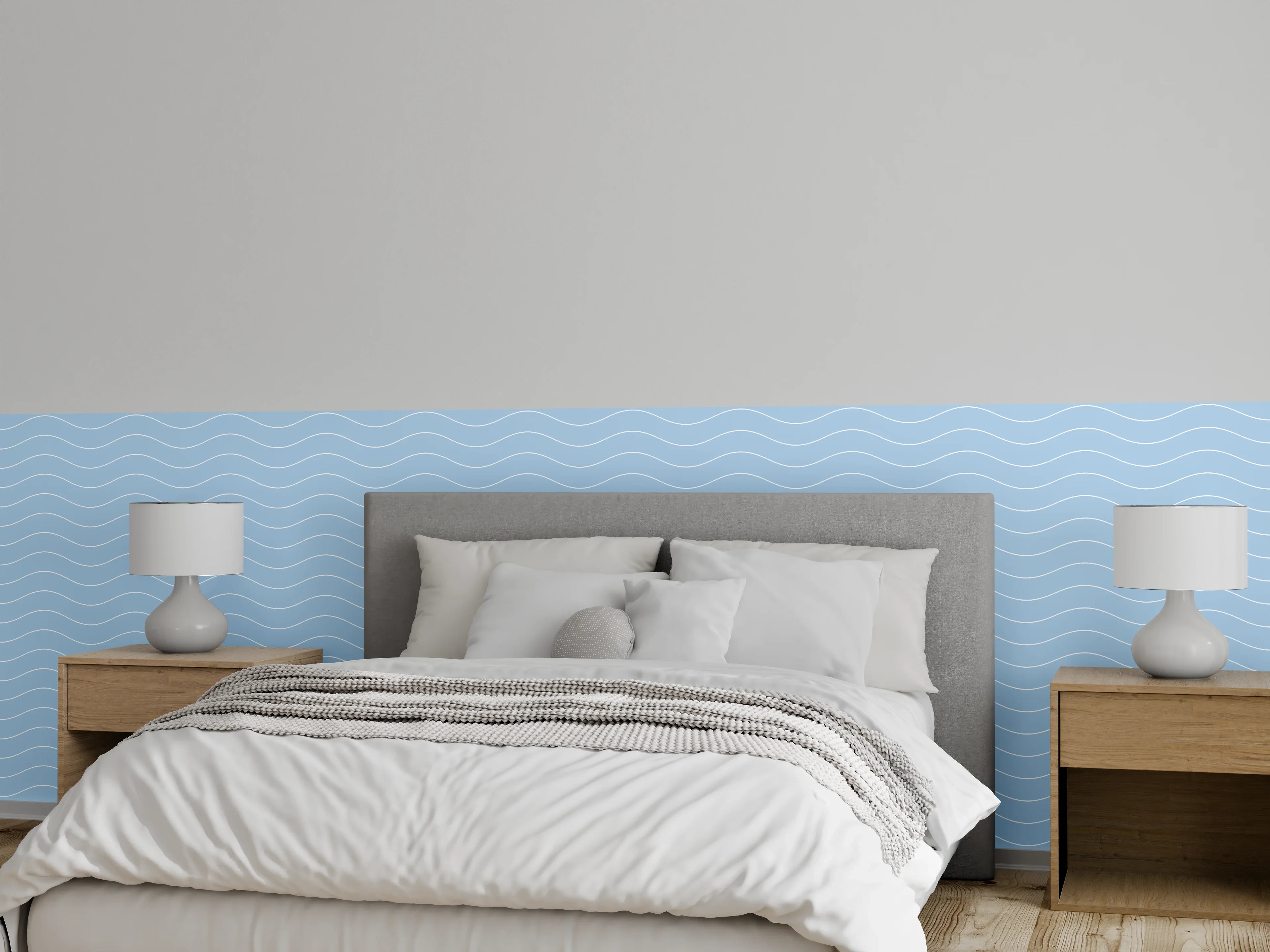 Wandverkleidung Schlafzimmer - Wellen-Linien in sanftem Blau
