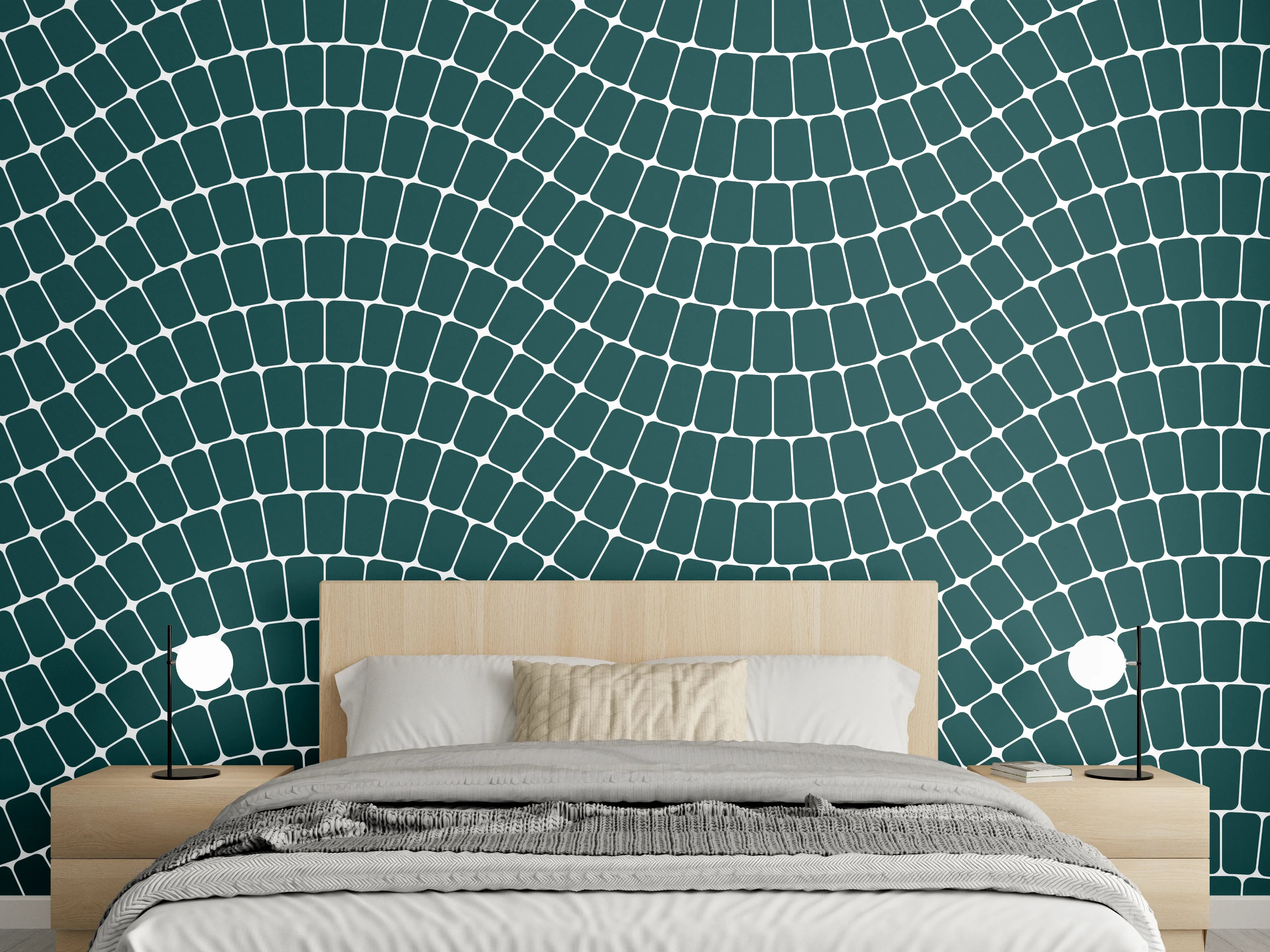 Wandverkleidung Schlafzimmer - Wellendes geometrisches Muster grün-weiß
