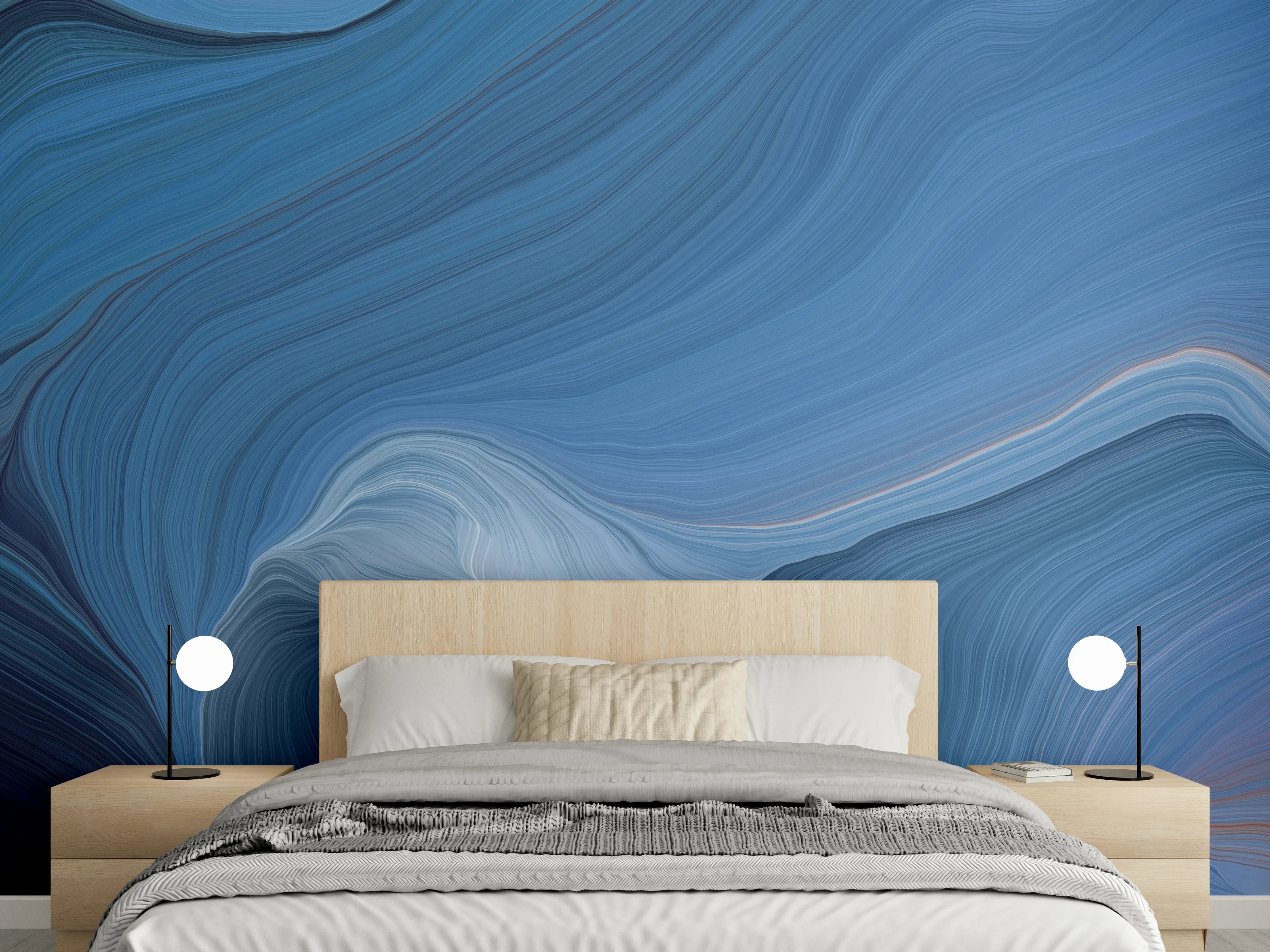 Wandverkleidung Schlafzimmer - Wellenflüsse in Blau und Grauweiß