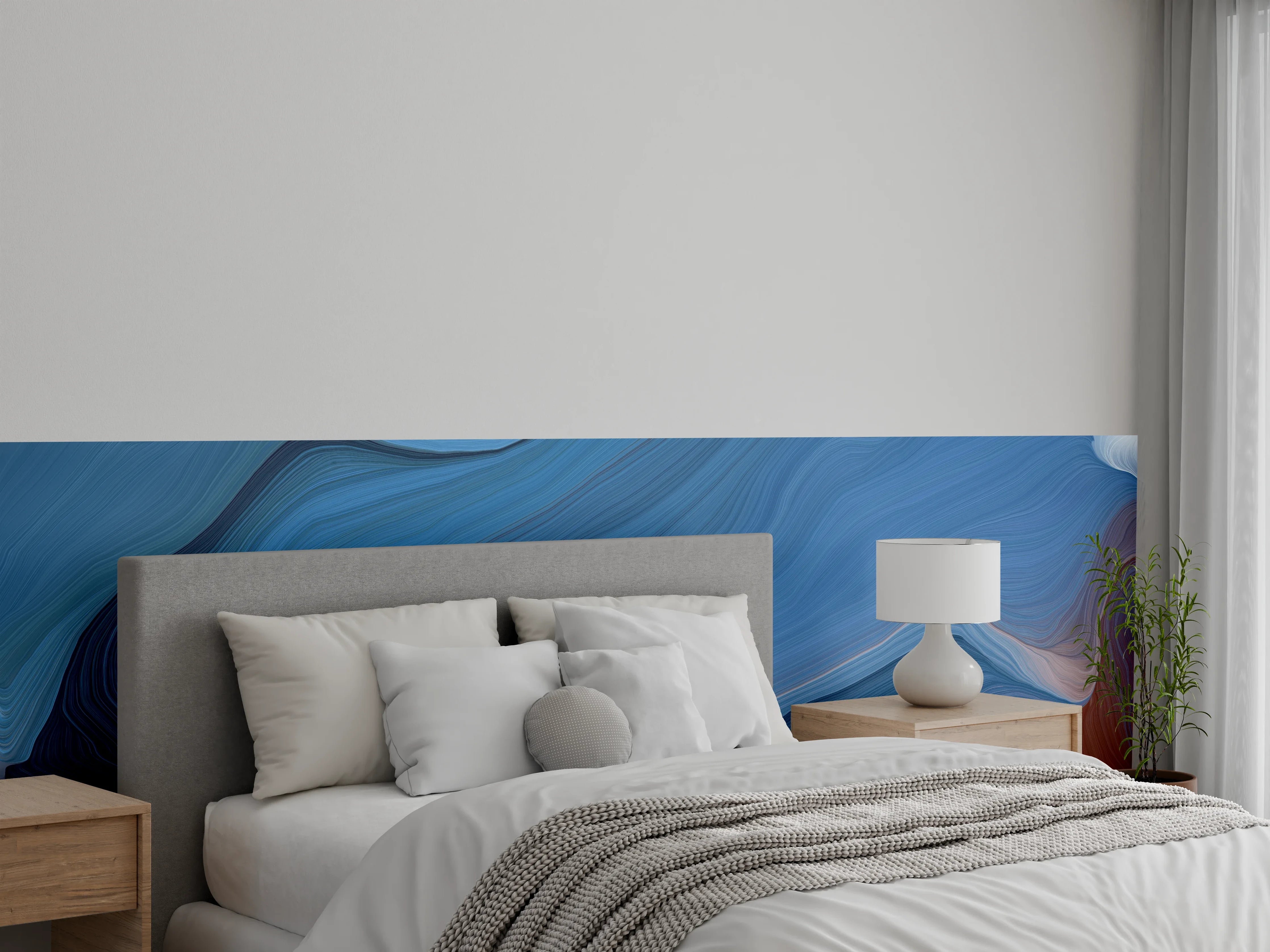 Wandverkleidung Schlafzimmer - Wellenflüsse in Blau und Grauweiß