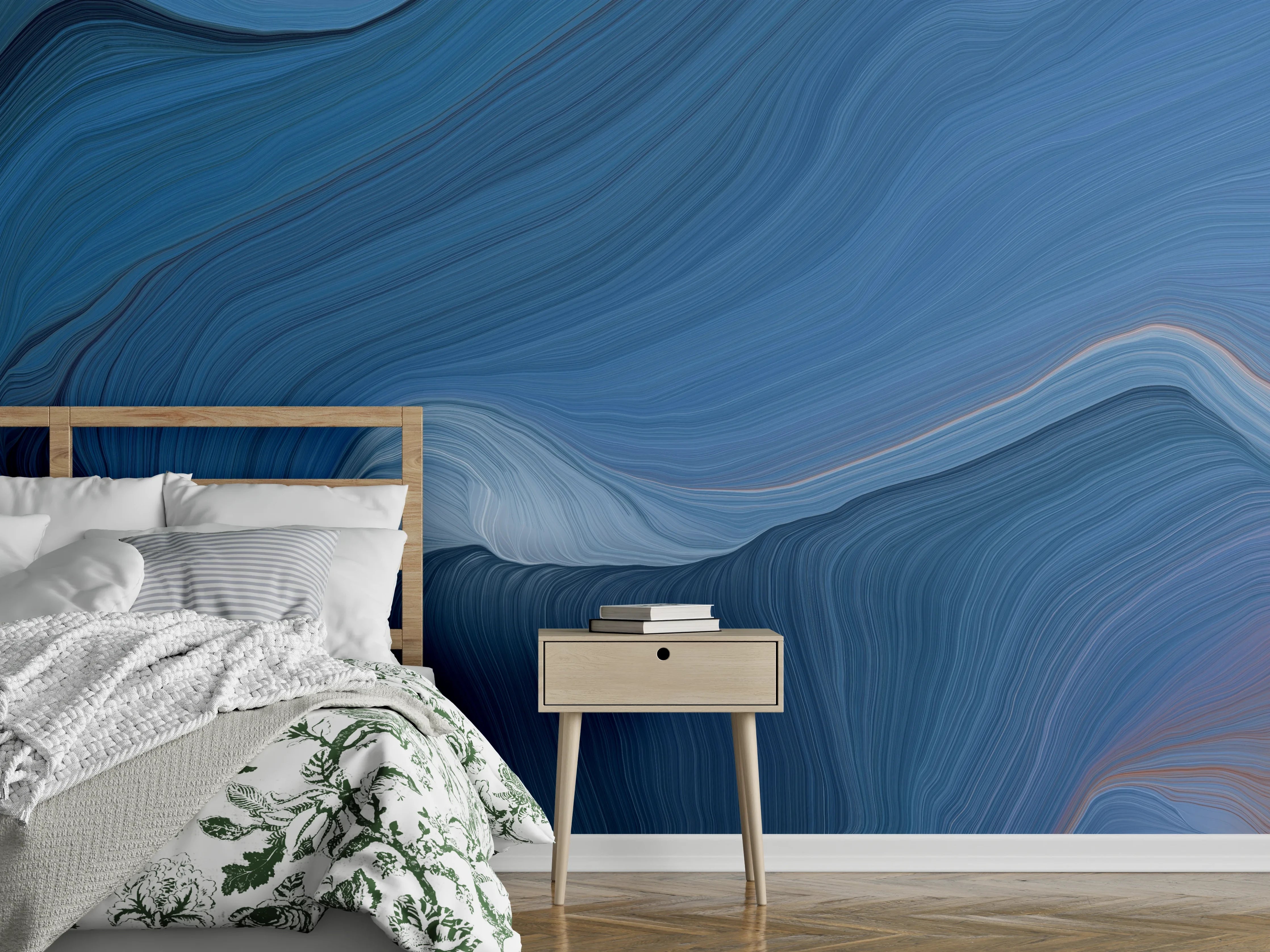 Wandverkleidung Schlafzimmer - Wellenflüsse in Blau und Grauweiß