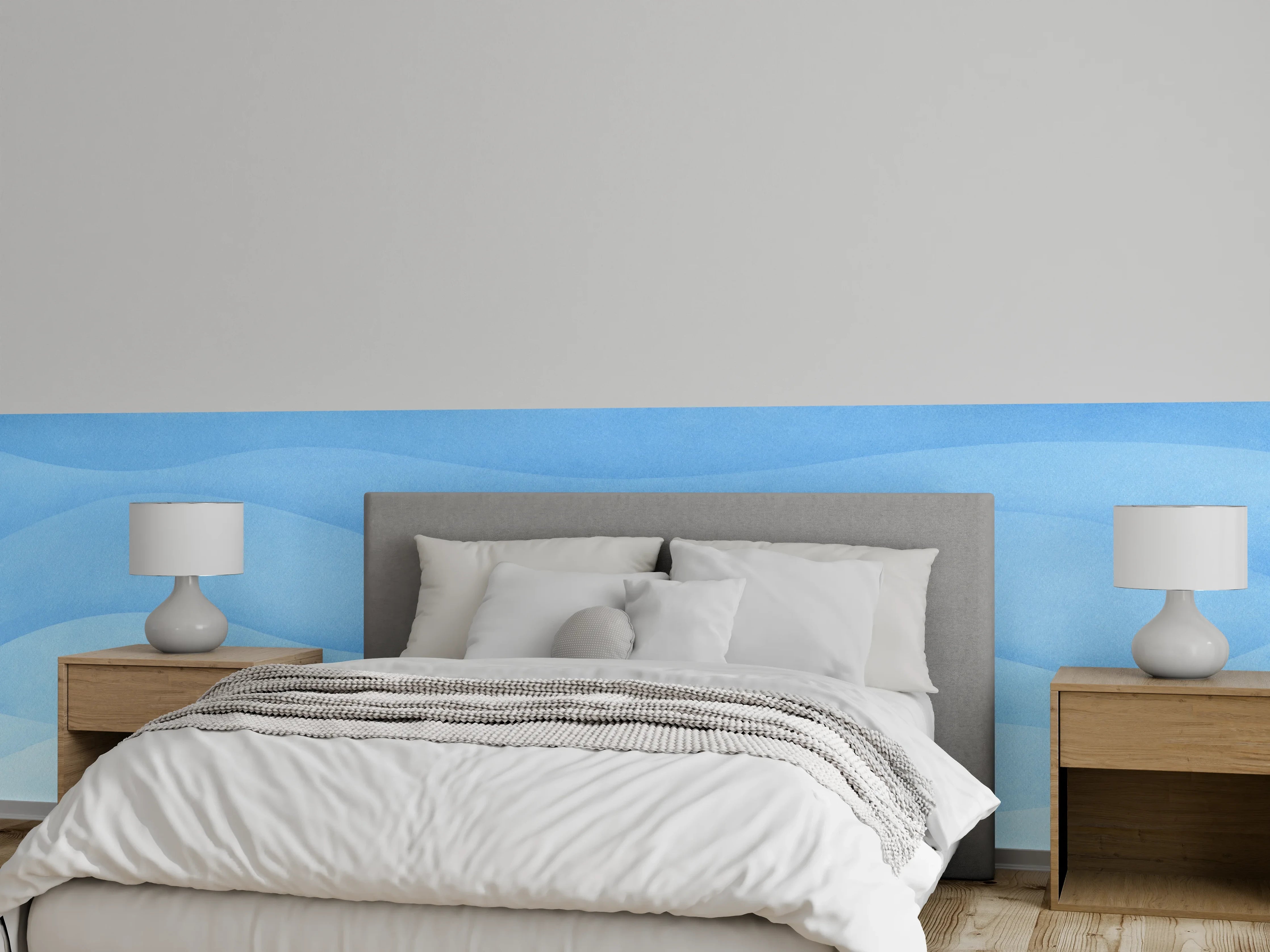 Wandverkleidung Schlafzimmer - Wellenförmiges Aquarell in Blautönen