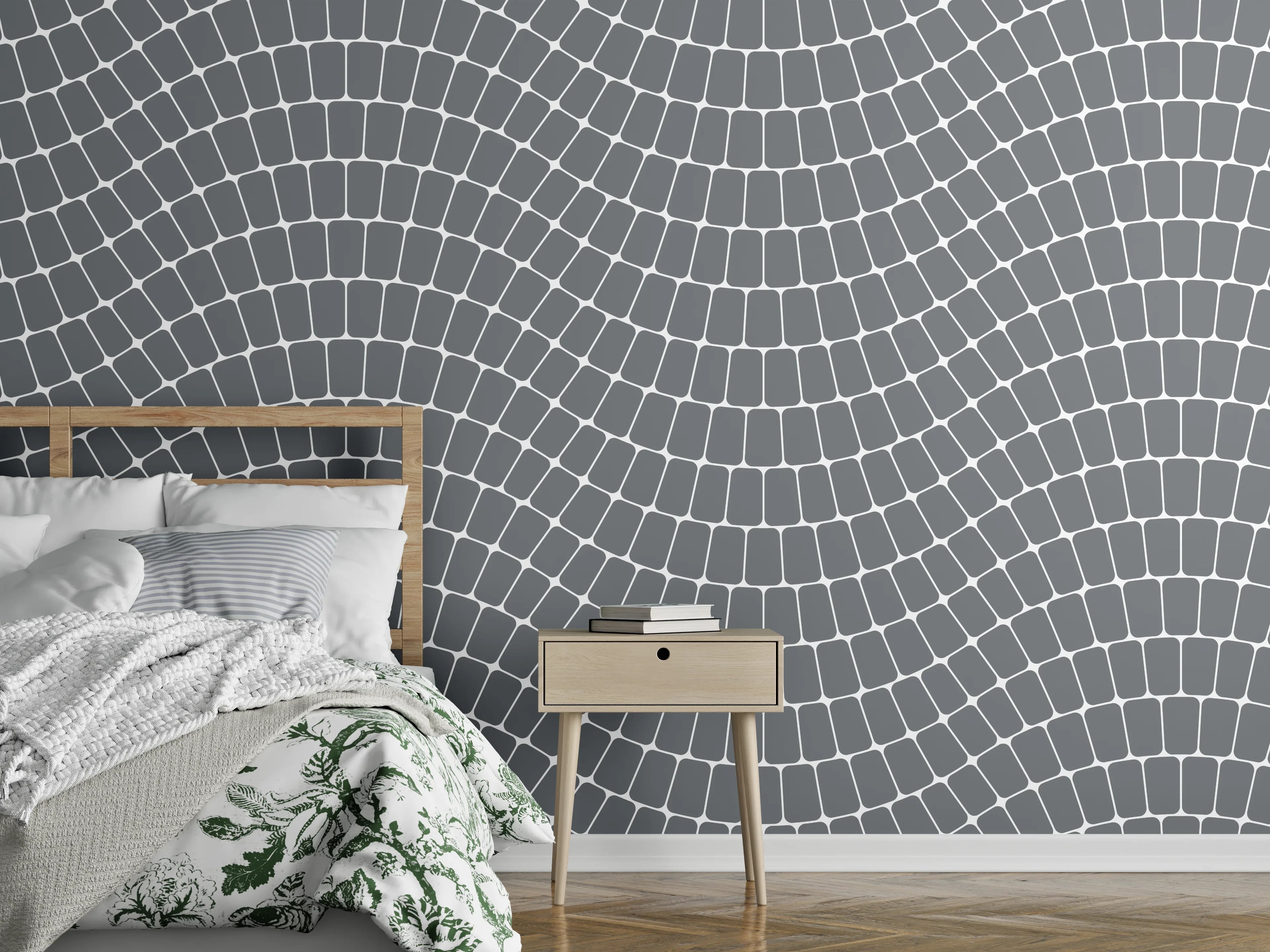 Wandverkleidung Schlafzimmer - Wellenförmiges Mosaikmuster Grau Weiß