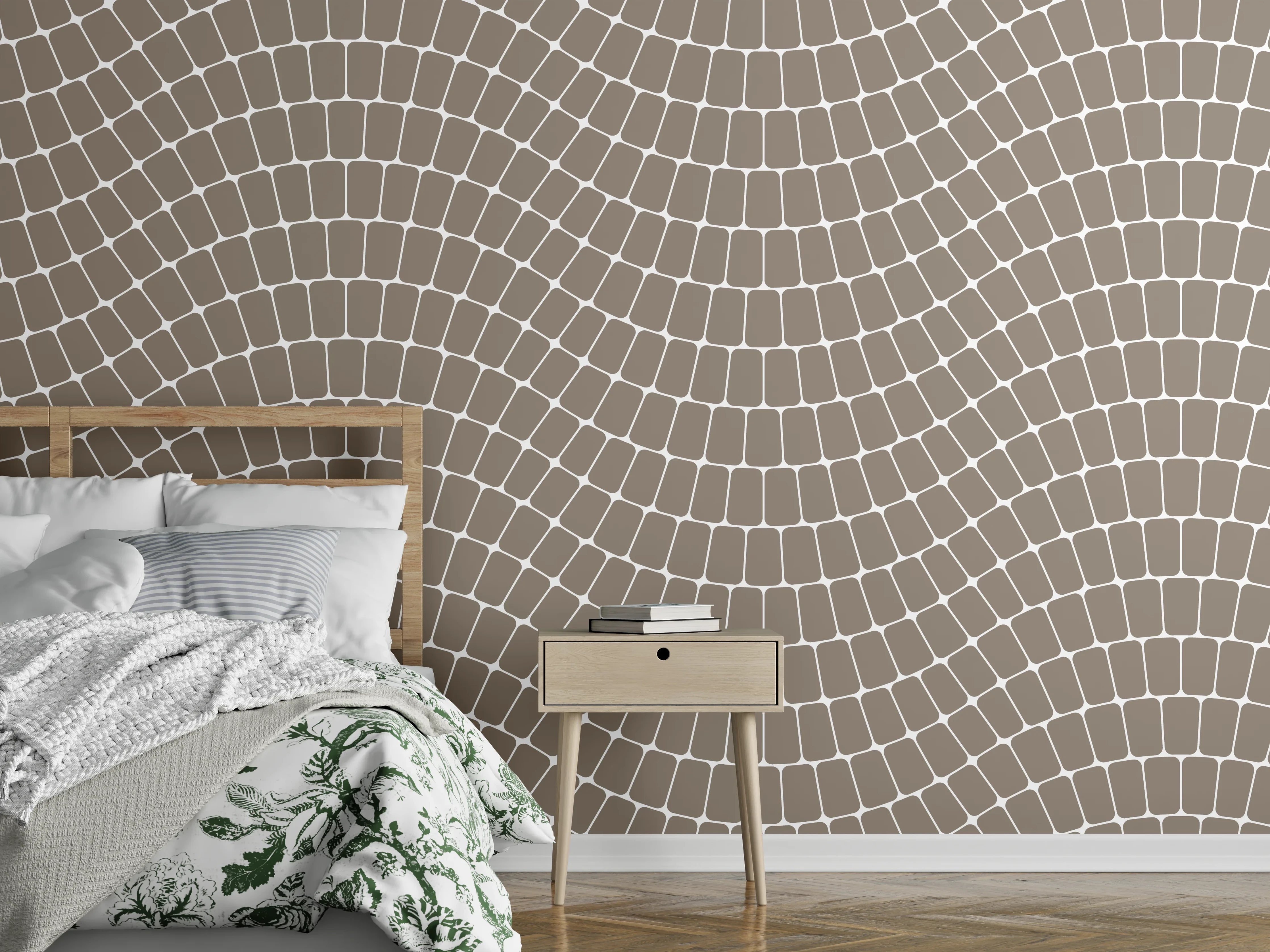 Wandverkleidung Schlafzimmer - Wellenmuster Fliesenoptik in Beige Braun
