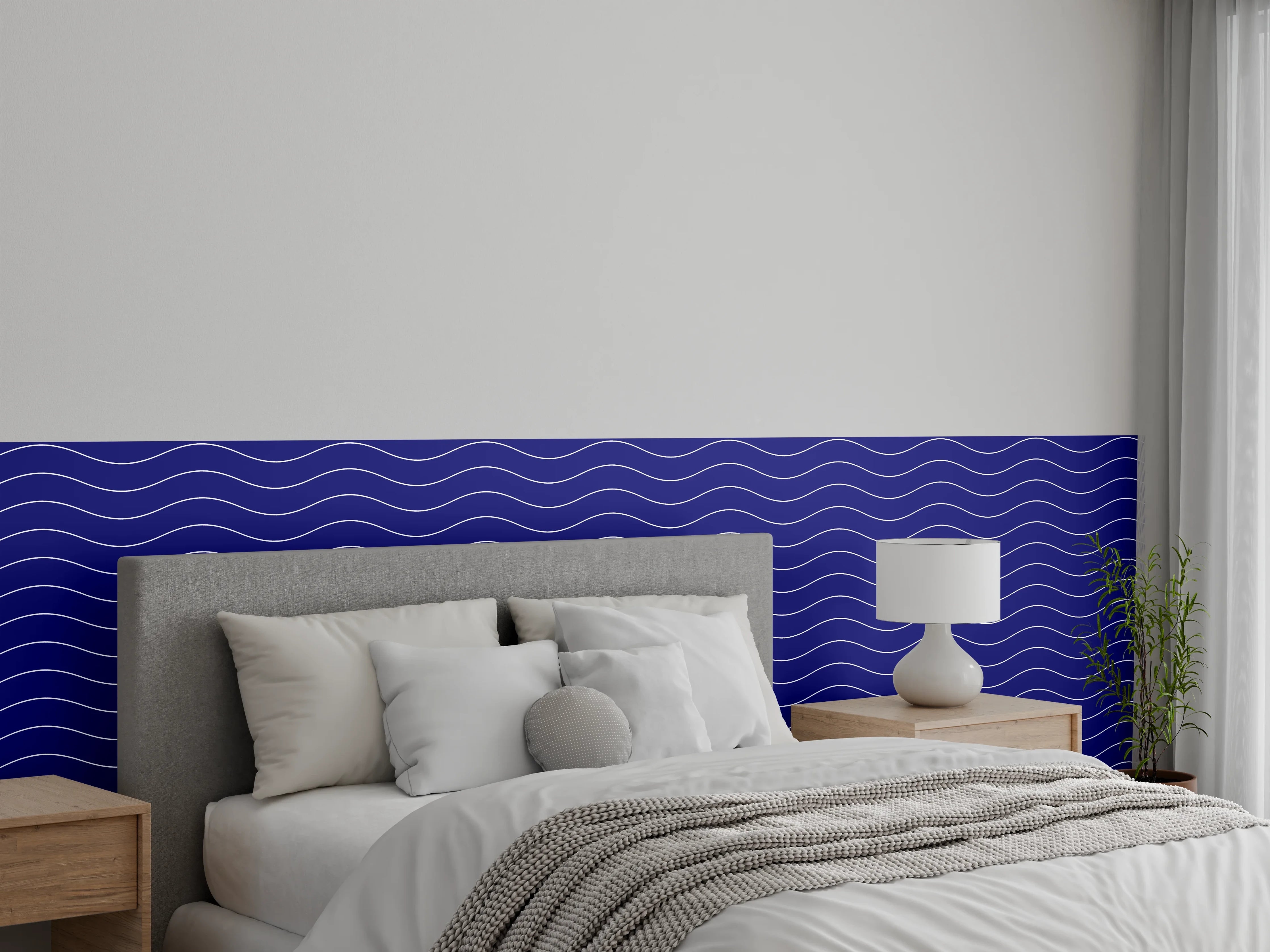 Wandverkleidung Schlafzimmer - Wellenmuster auf navyblauem Hintergrund