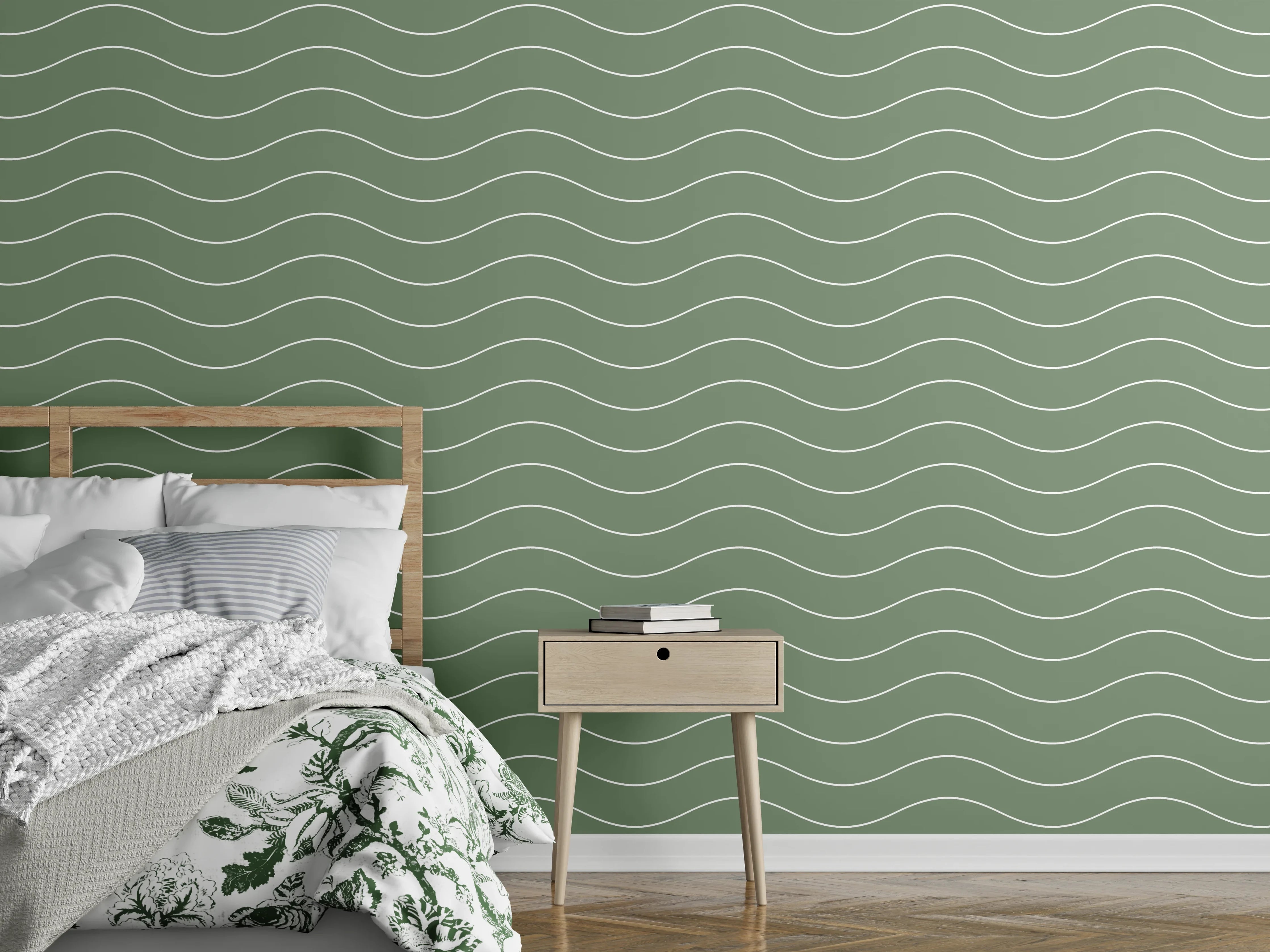 Wandverkleidung Schlafzimmer - Wellenmuster grün skandinavisch-modern