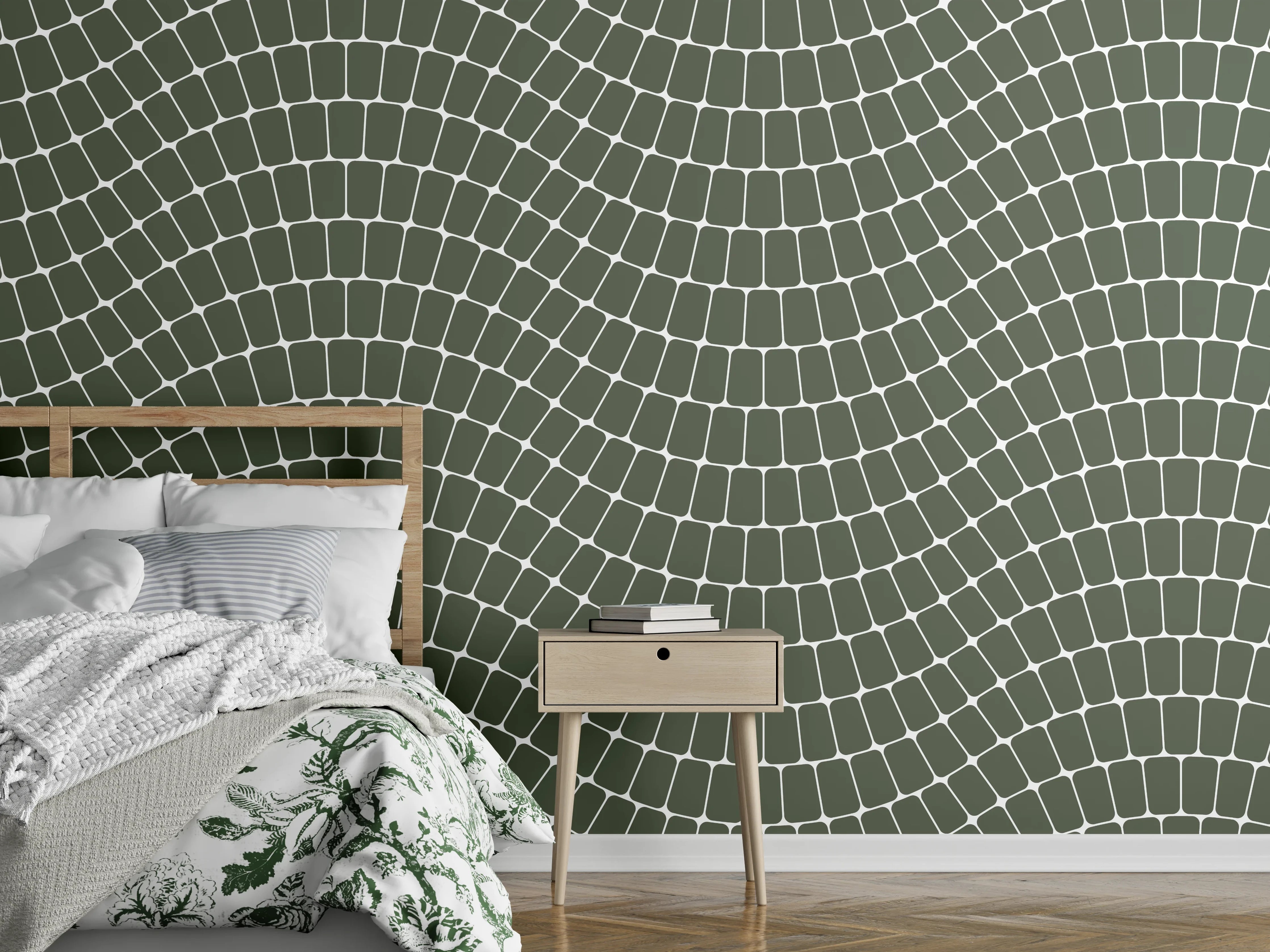 Wandverkleidung Schlafzimmer - Wellenstruktur in Olivgrau und Weiß