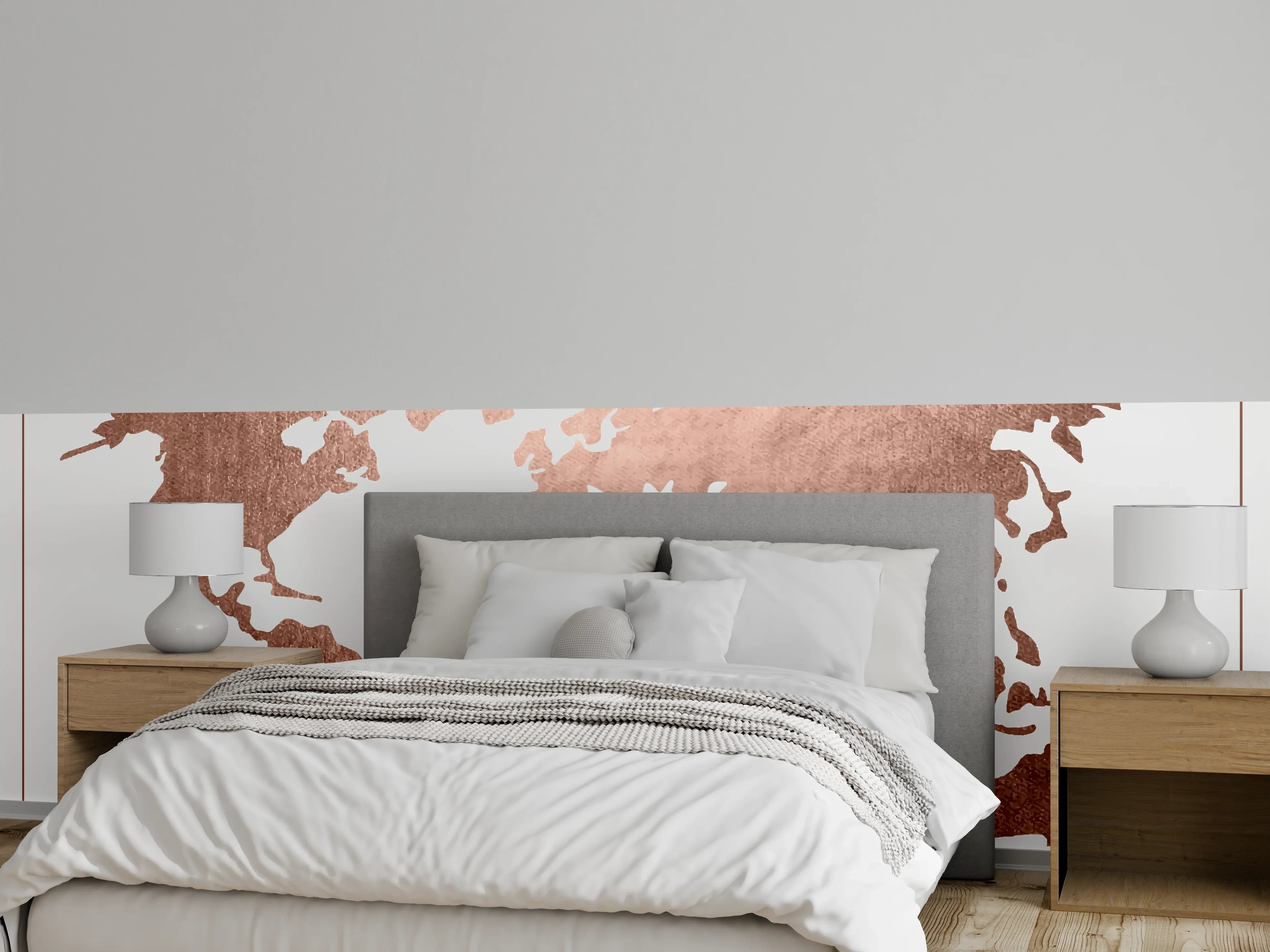 Wandverkleidung Schlafzimmer - Weltkarte in Roségold-Optik modern