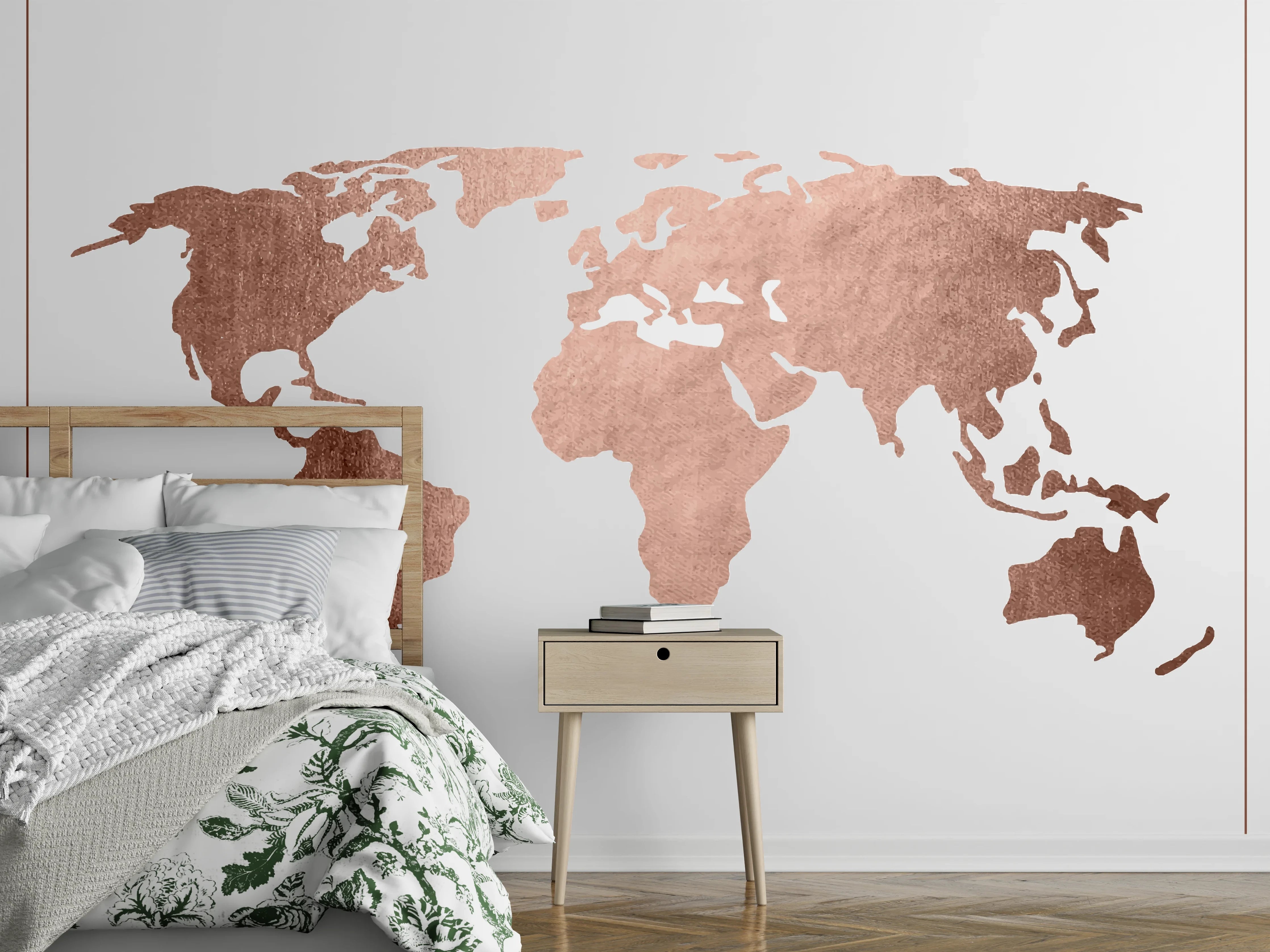 Wandverkleidung Schlafzimmer - Weltkarte in Roségold-Optik modern