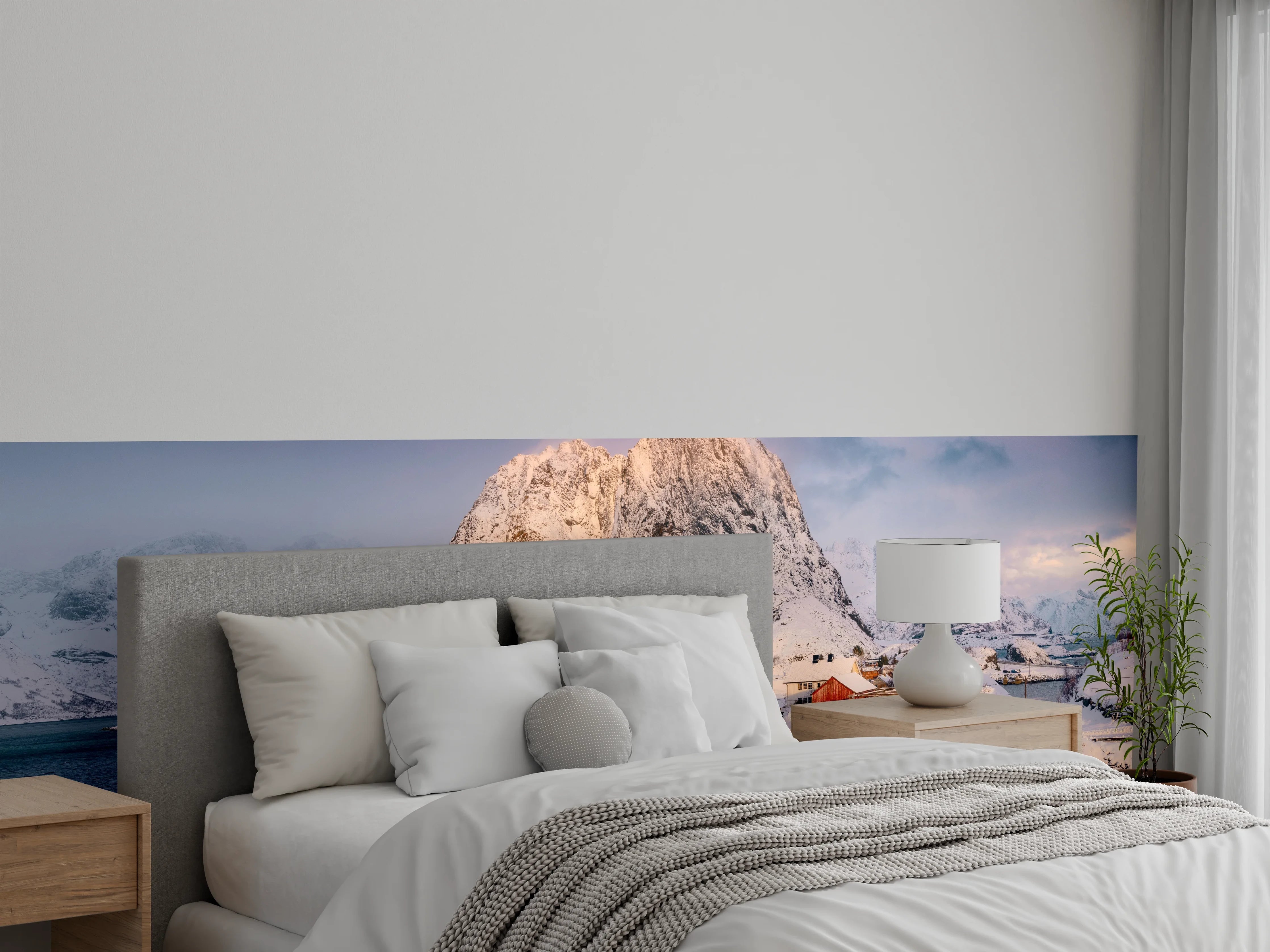 Wandverkleidung Schlafzimmer - Winterliche Fjordlandschaft mit roten Häusern